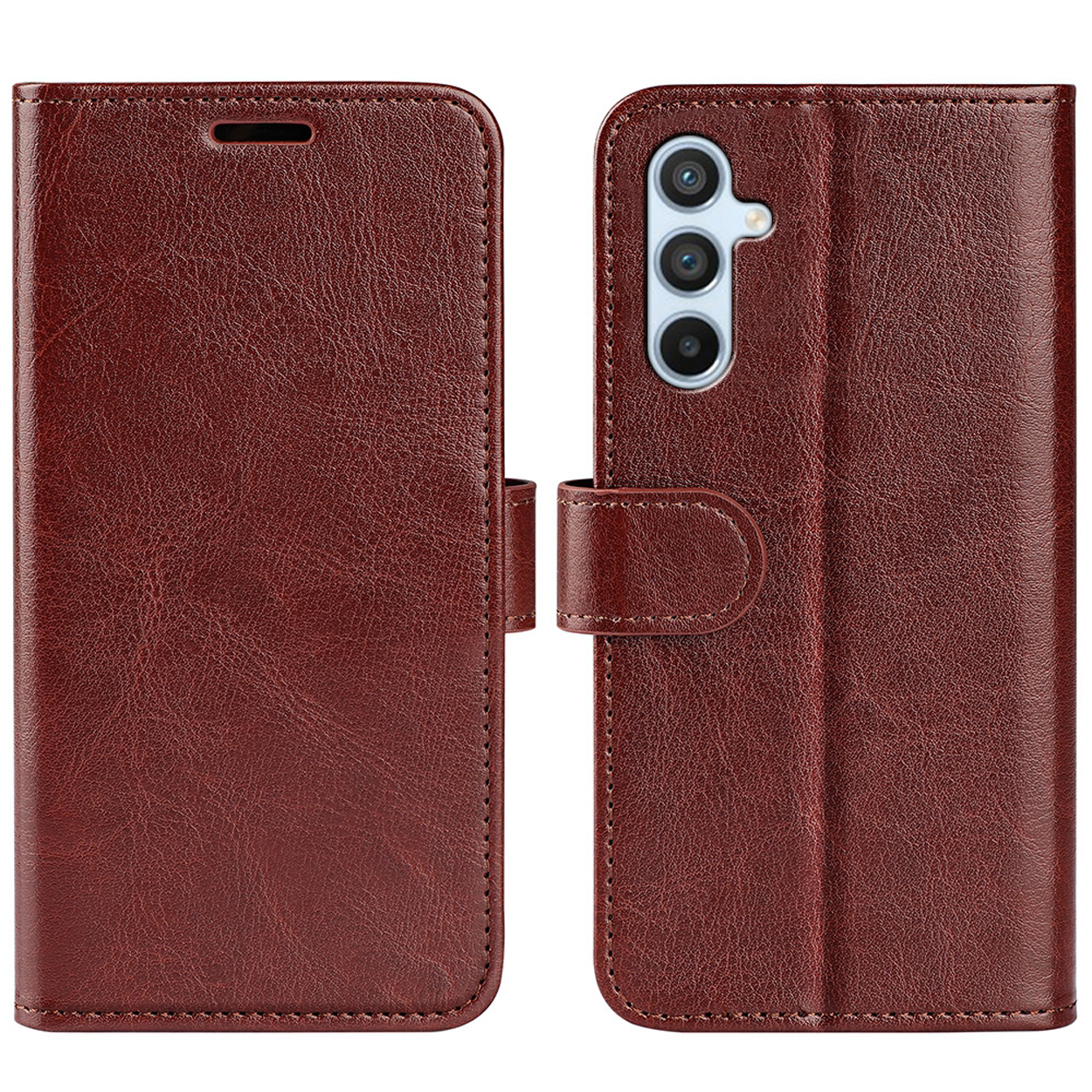 Deux vues d'un étui de téléphone en cuir marron fermé.