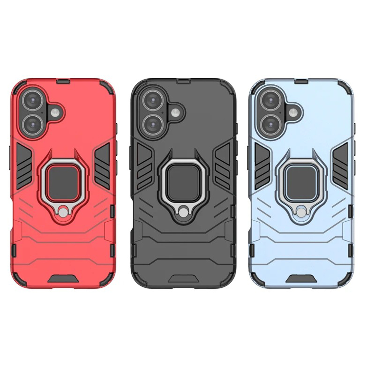 Drie telefoonhoesjes: rood, zwart en blauw. Elk heeft een ringhouder en camera-uitsparingen.