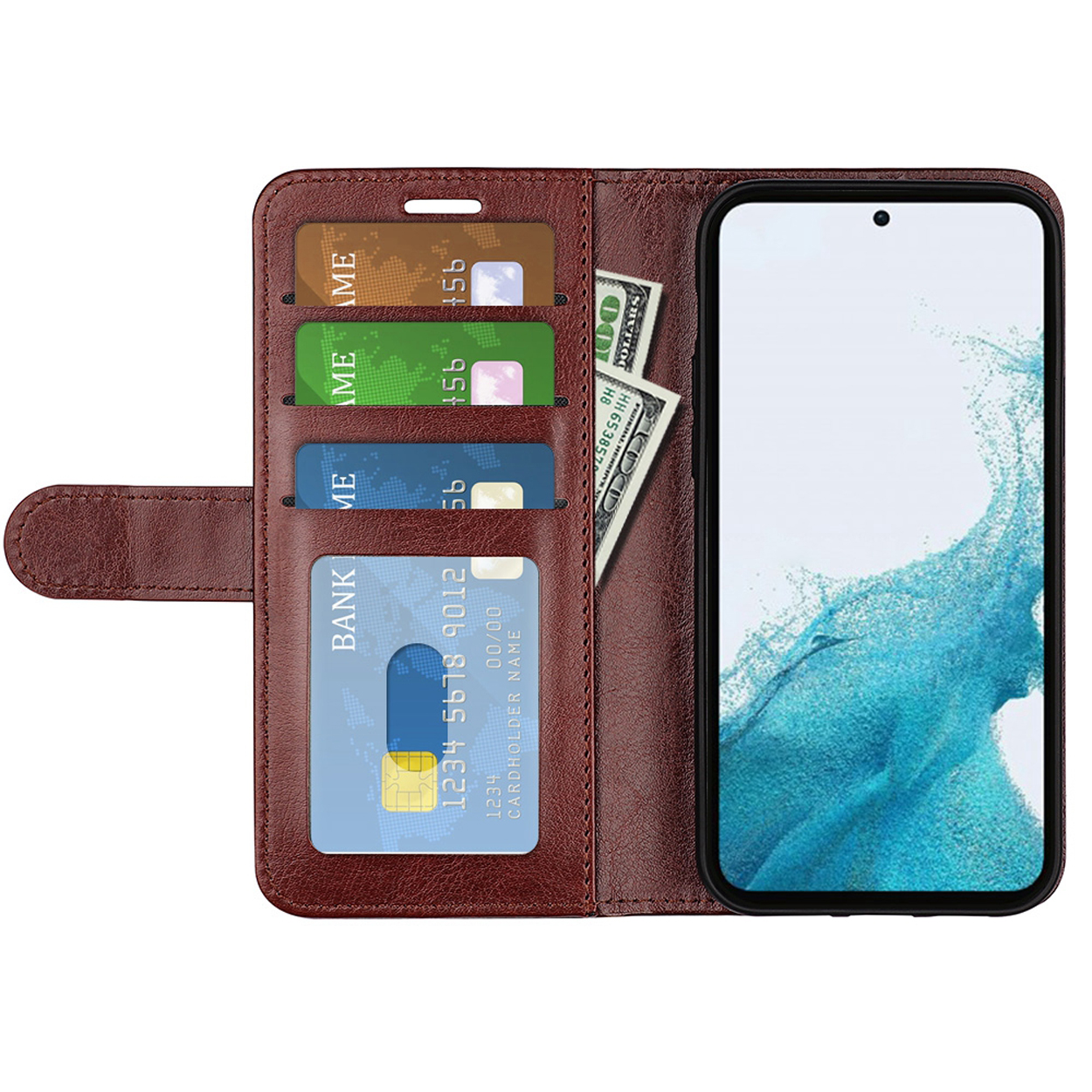 Étui portefeuille de téléphone marron avec cartes de crédit et espèces. Le téléphone est placé à l'intérieur.