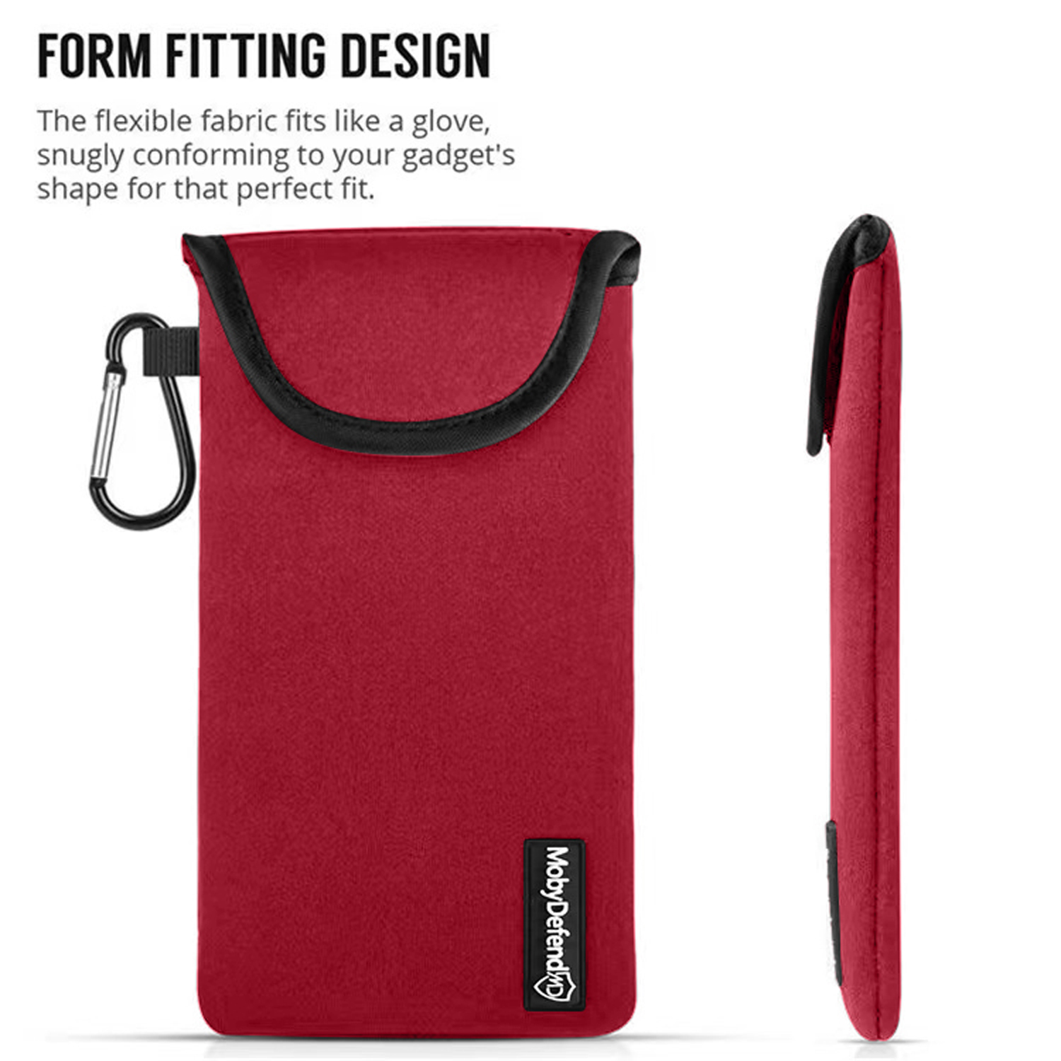 Étui de téléphone rouge avec bord noir et mousqueton. Le texte dit 'Form Fitting Design'.