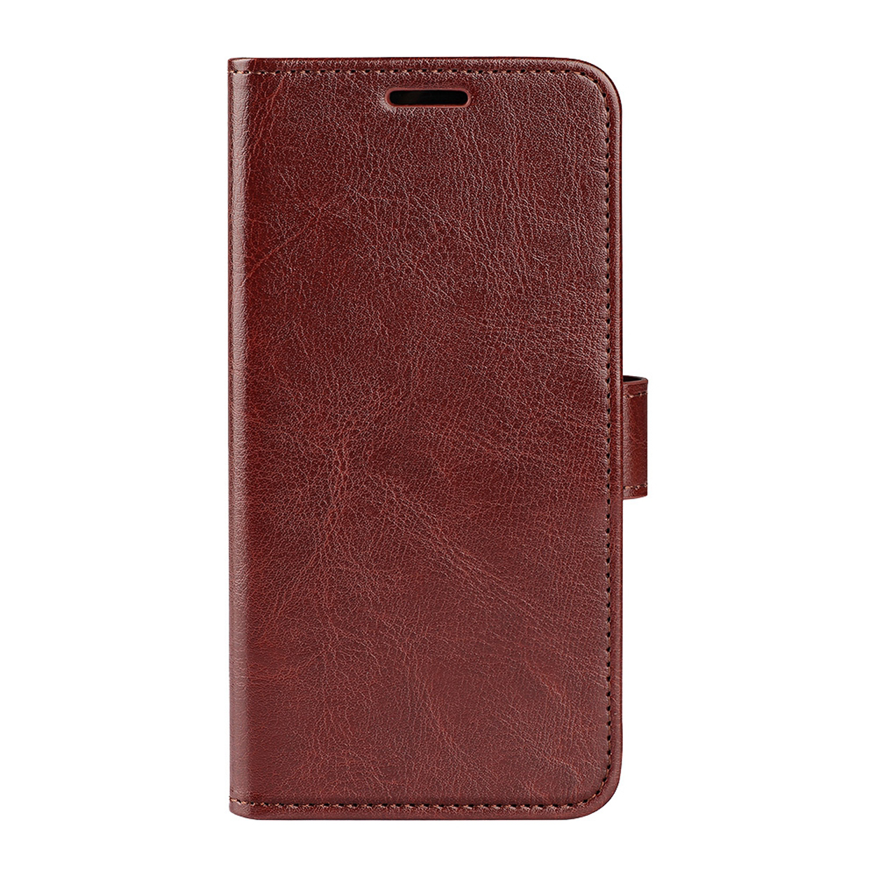 Un étui de téléphone en cuir marron fermé avec une fermeture magnétique et un trou pour l'appareil photo.