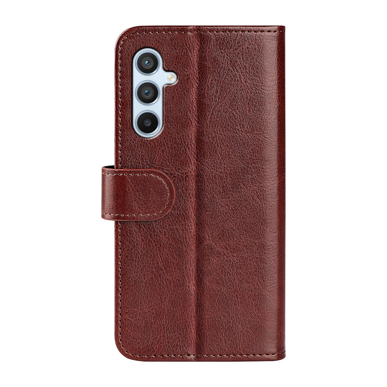 Étui de téléphone en cuir marron avec rabat et module caméra visible sur une surface blanche.