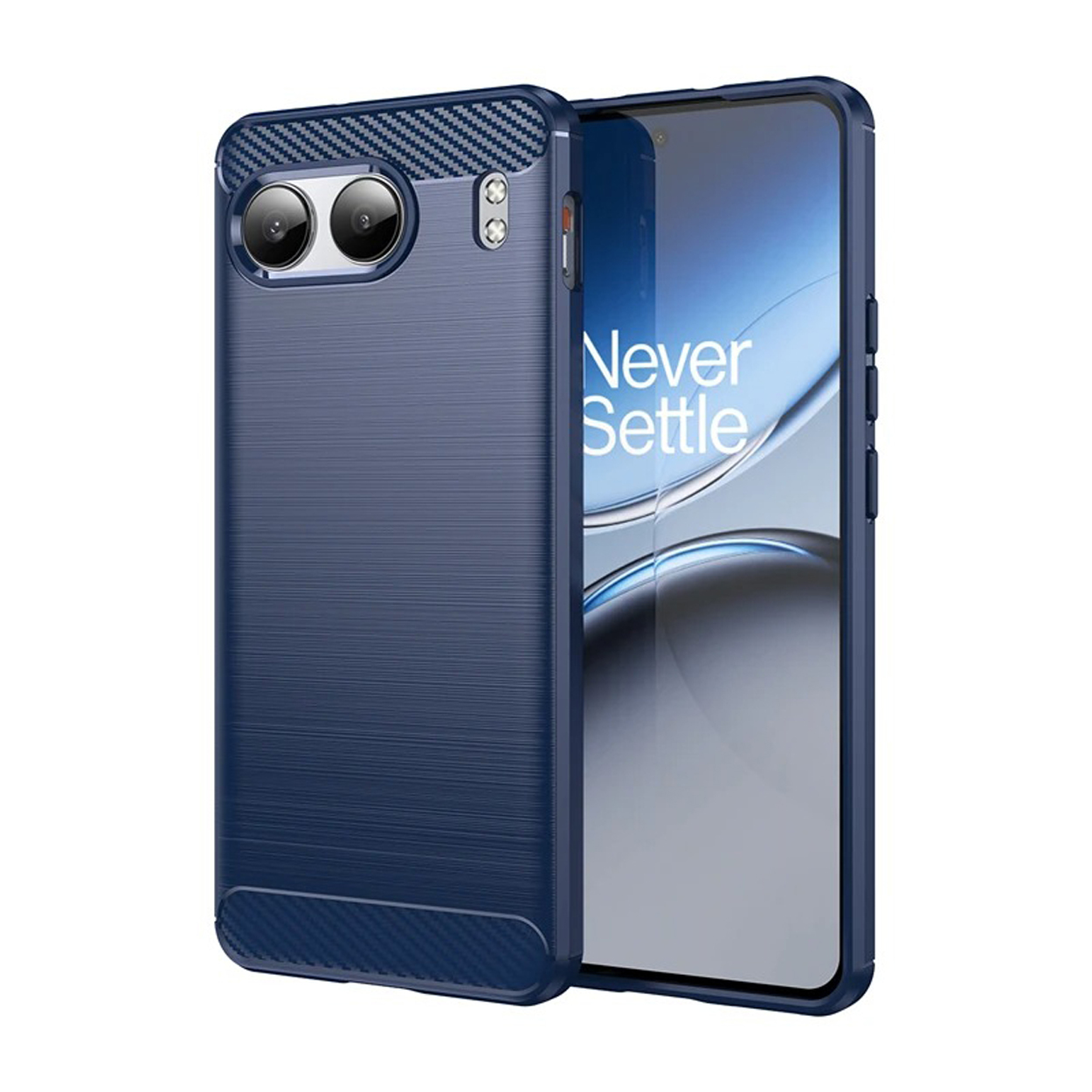 Een blauwe telefoonhoes met een textuur en een telefoon erin. Witte achtergrond.