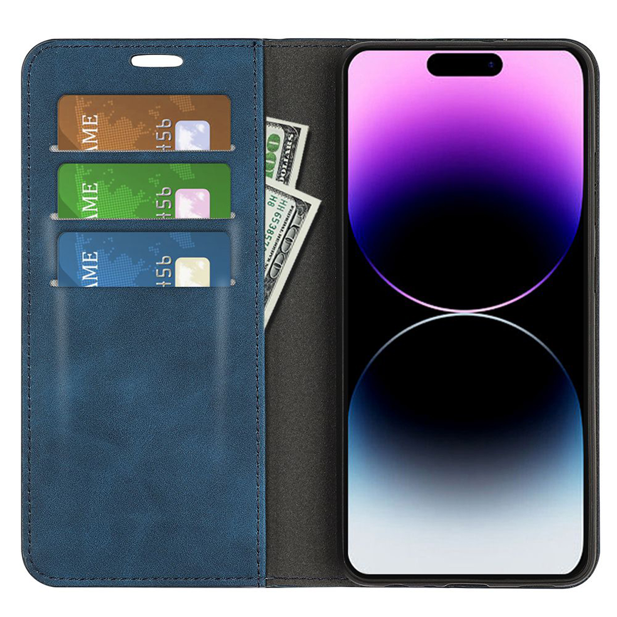 Étui de téléphone bleu avec téléphone et cartes. Le téléphone est ouvert avec de l'argent et des cartes.