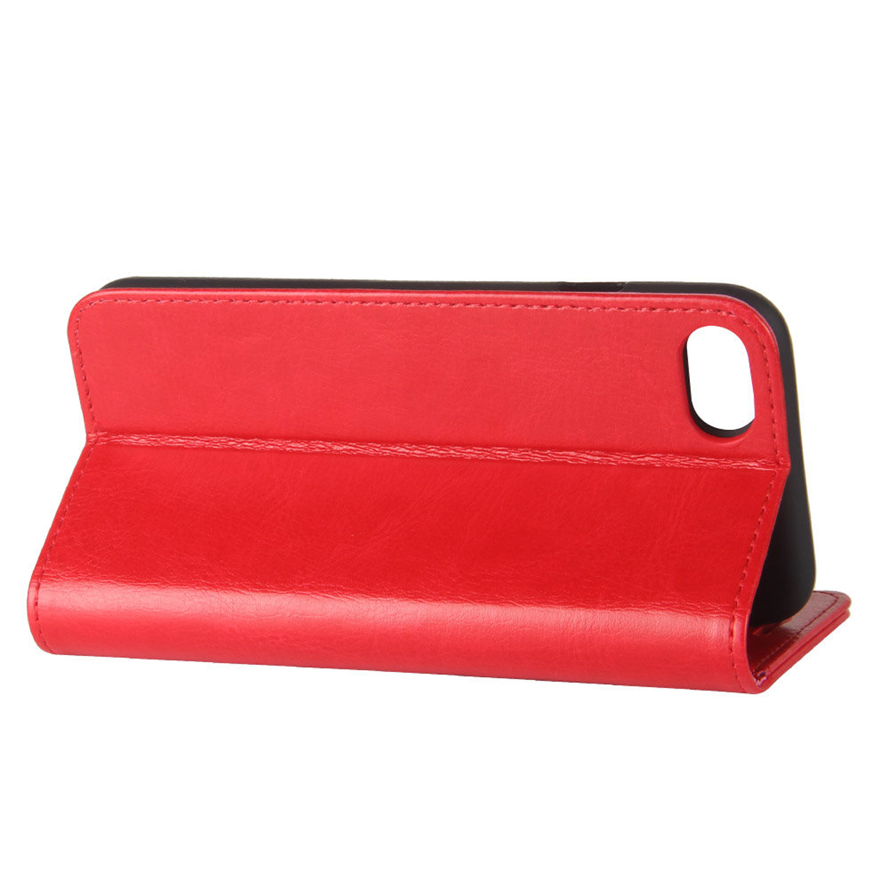 Rode flip-telefoonhoes open. De telefoon is zichtbaar en de hoes heeft een magnetische sluiting.
