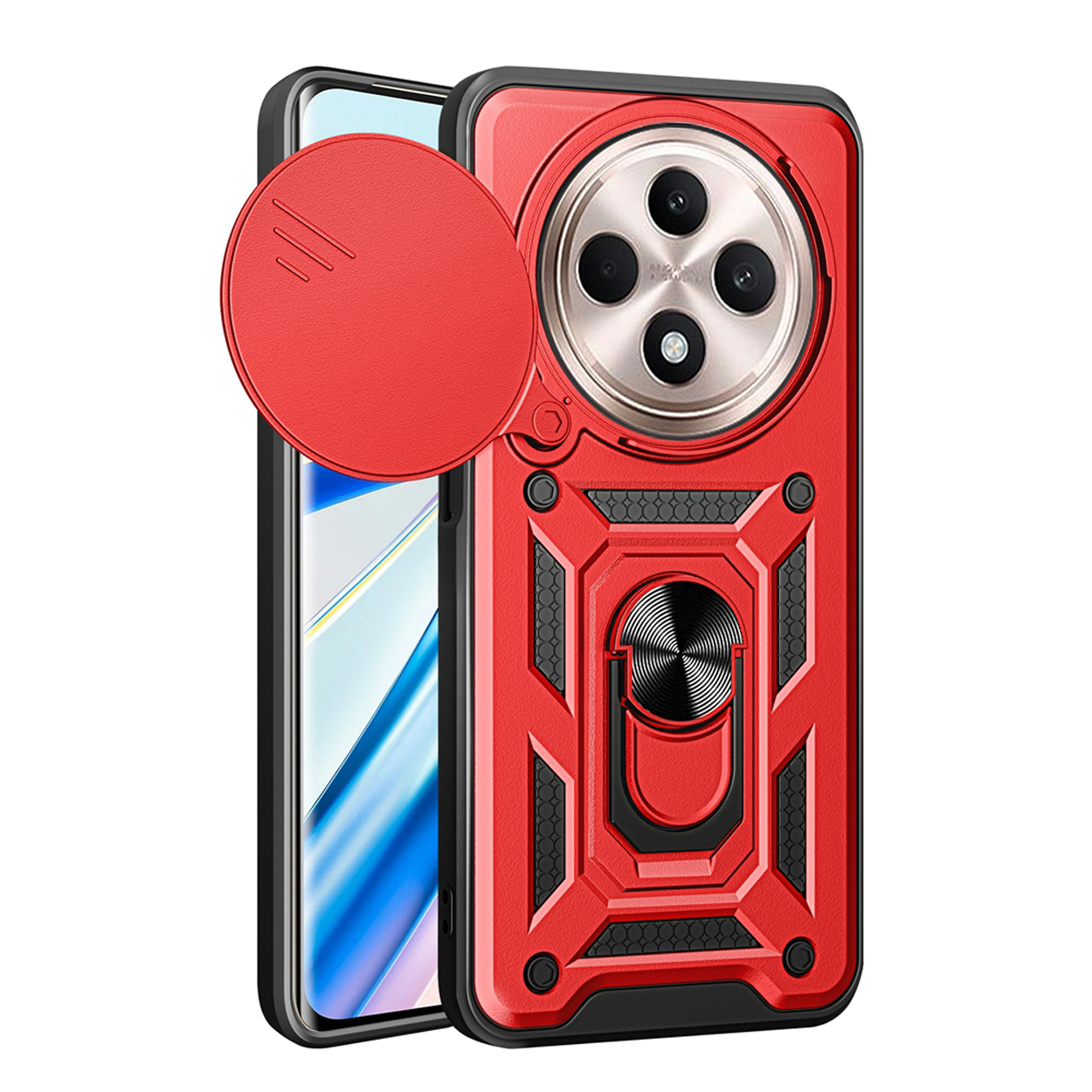 Rode telefoonhoes met een cameralensafdekking en ringhouder. Telefoon binnenin.