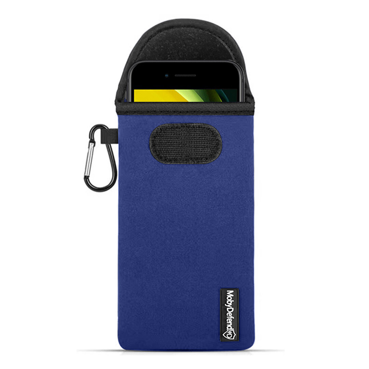 Blauwe telefoonhoes met zwarte rand en telefoon. De telefoon zit in de hoes.