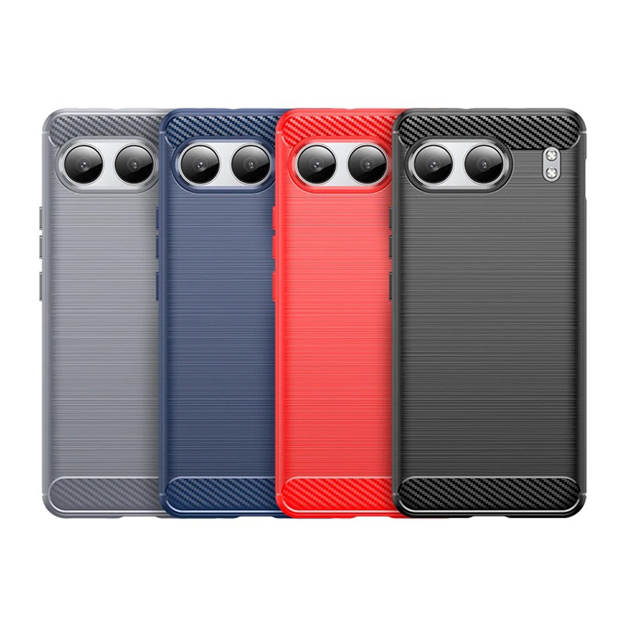 Vier telefoonhoesjes. Ze hebben verschillende kleuren, grijs, blauw, rood en zwart. De hoesjes staan op een rij.