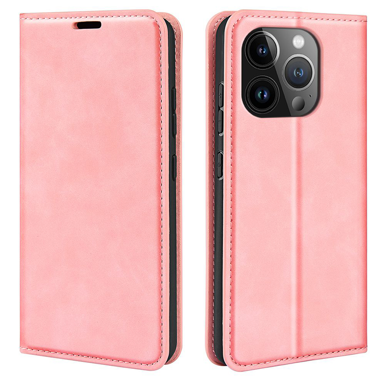 Roze leren telefoonhoes, open en dicht. De hoes heeft stiksels en een magnetische sluiting.