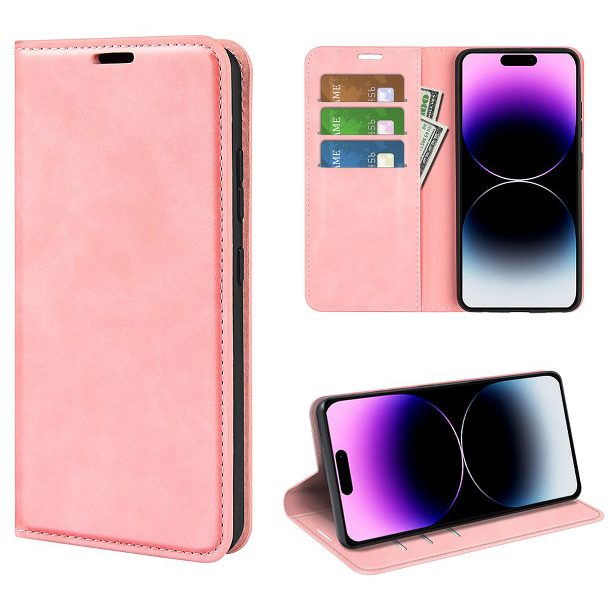 Roze telefoonhoesje met kaarten en een telefoon. Open, met een telefoon en geld. Zijaanzicht.