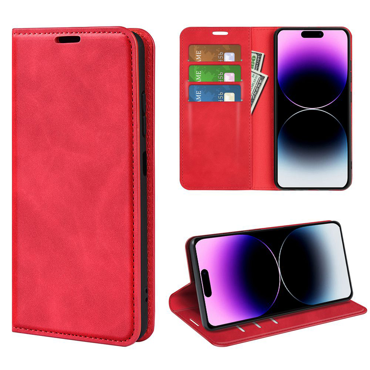 Rode iPhone-hoes met een portemonnee-ontwerp. Toont kaarten, geld en telefoon in de hoes.