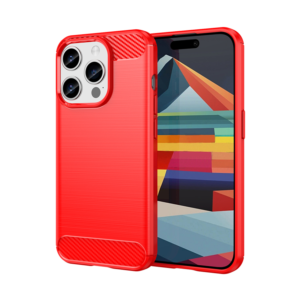 Rode telefoonhoes met de telefoon. De telefoonhoes heeft een getextureerde achterkant en het scherm is zichtbaar.