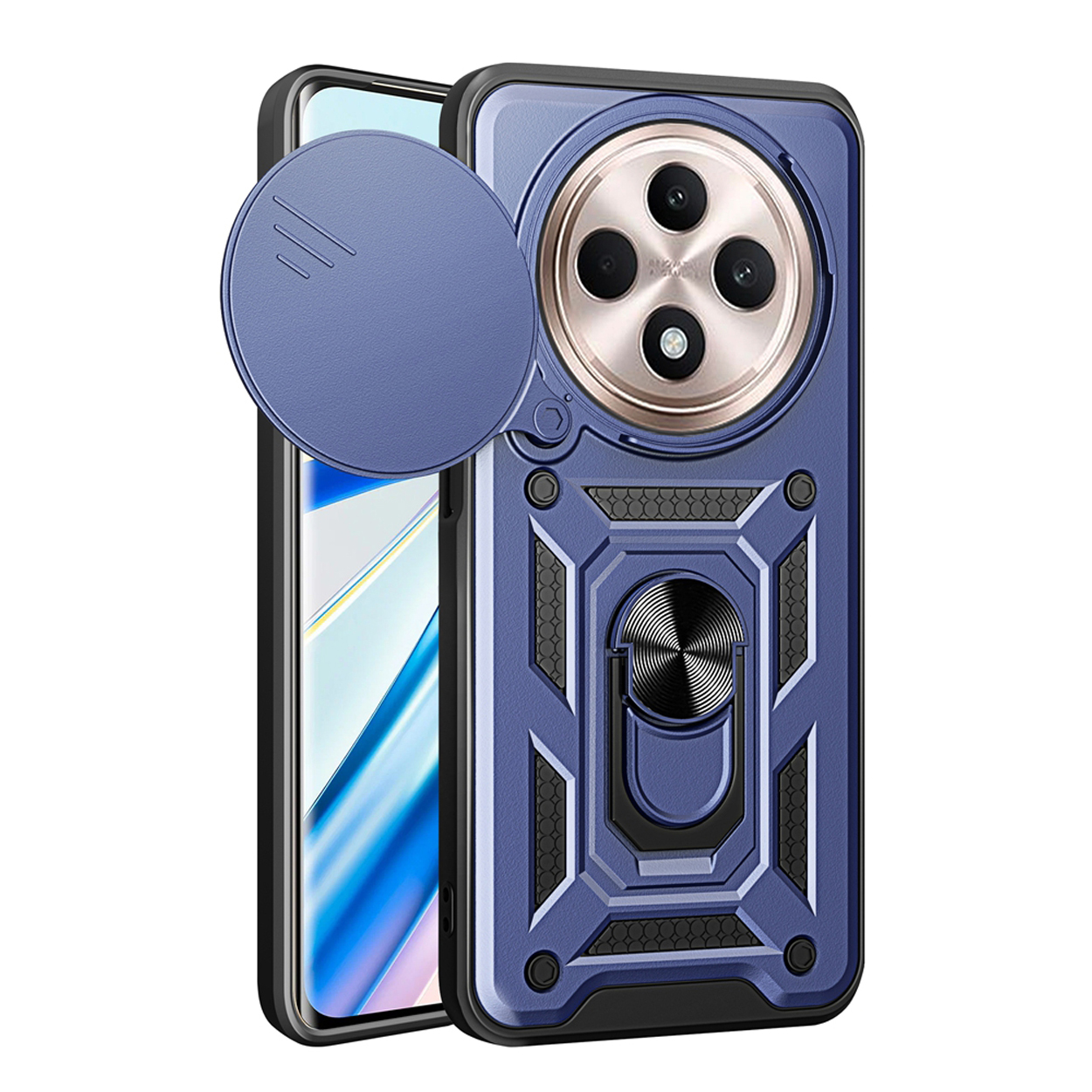 Blauwe telefoonhoes met ringhouder en schuifbare camerahoes. Telefoon gedeeltelijk zichtbaar.