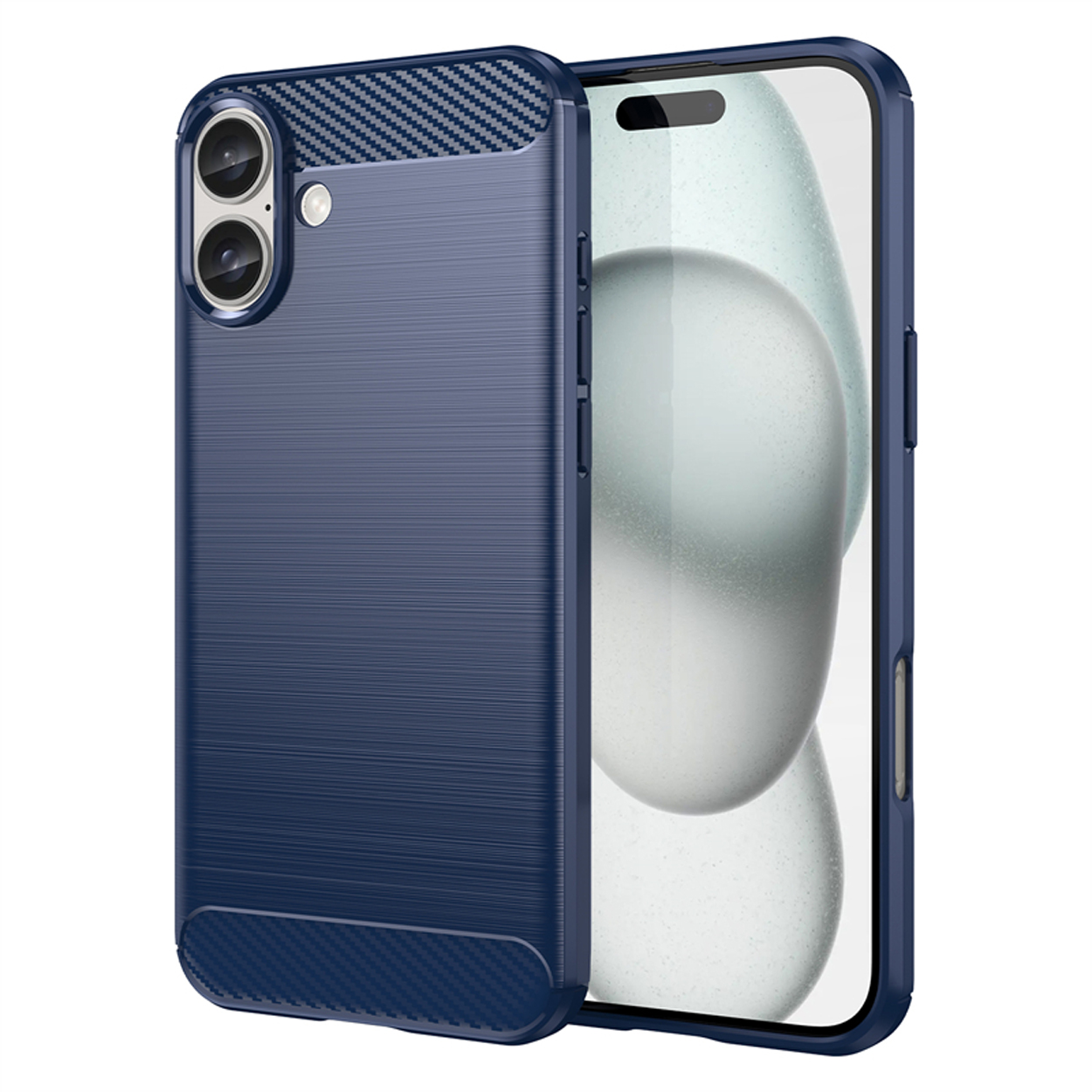 Blauwe telefoonhoes met carbonvezel-look. Telefoon binnenin, scherm zichtbaar.