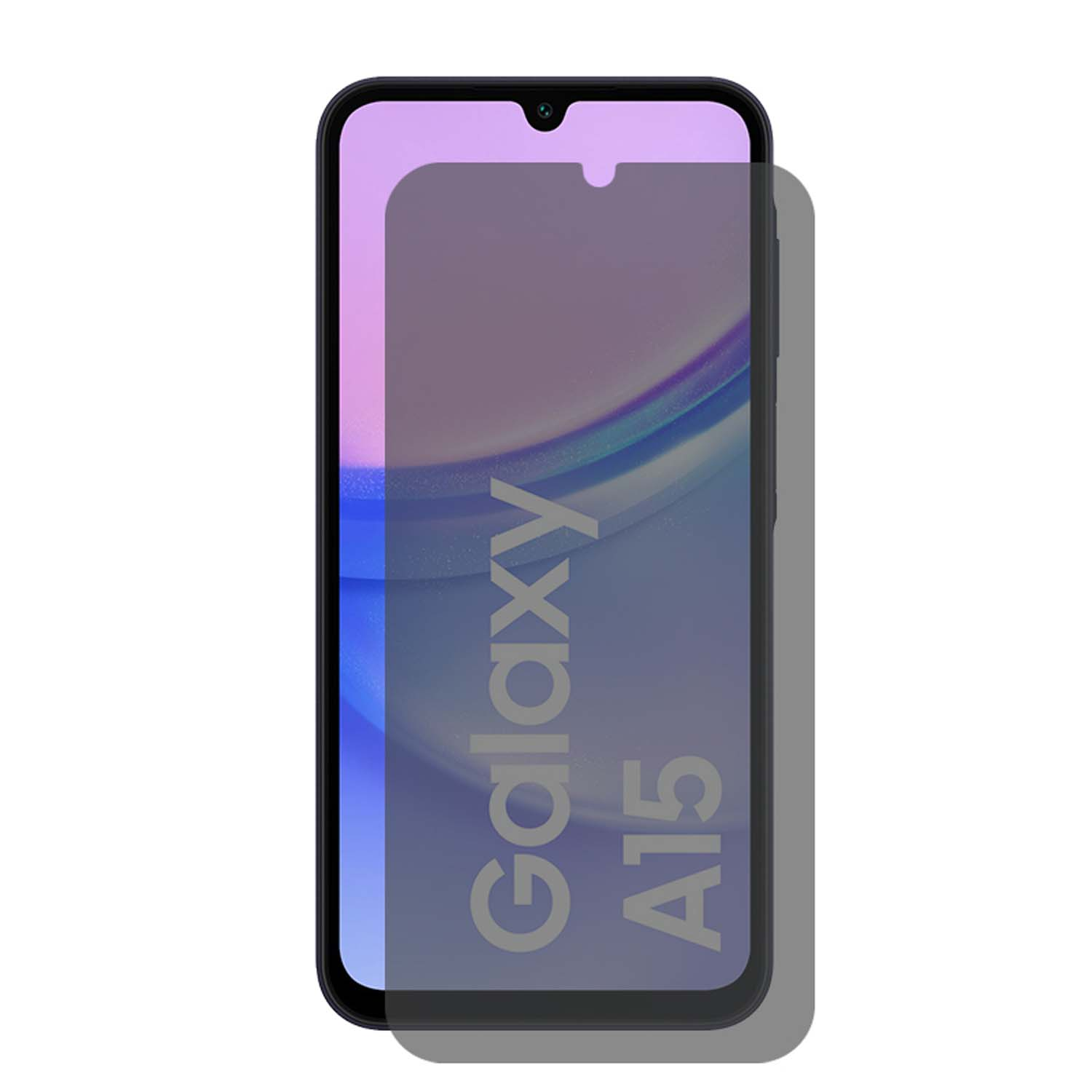 Telefoon met privacy screenprotector. De protector heeft de tekst "Galaxy A15" erop.