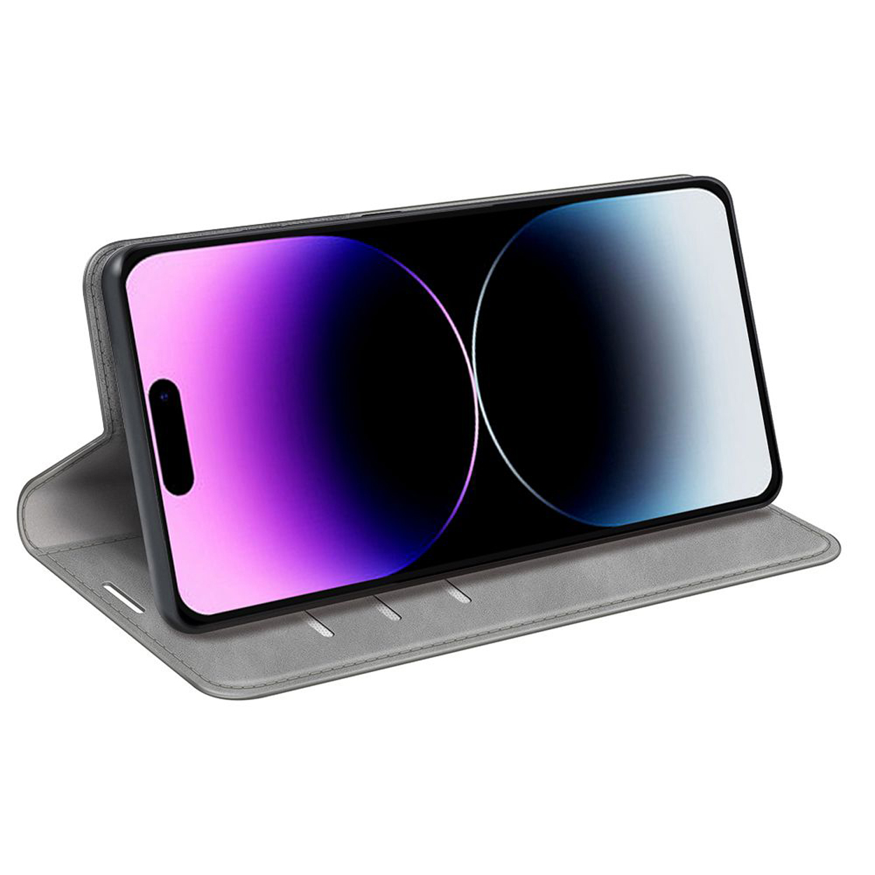 Telefoon in een grijze hoes. De telefoon staat in de hoes en geeft een scherm weer.