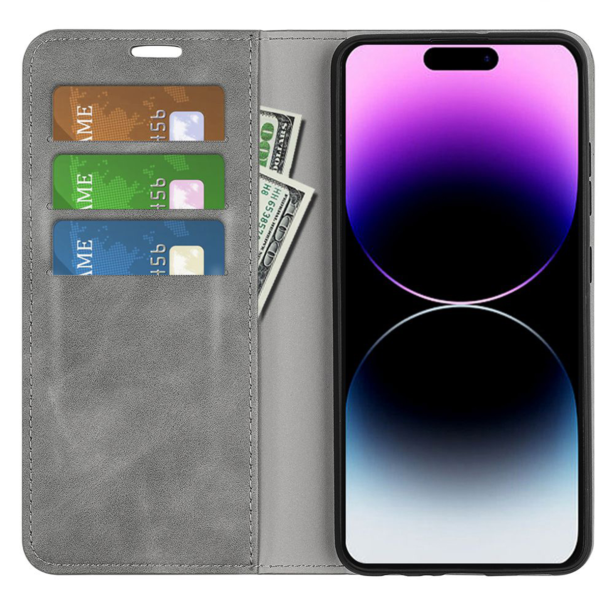 Een open telefoonhoesje portemonnee met kaarten en geld erin. Een telefoon zit erin.