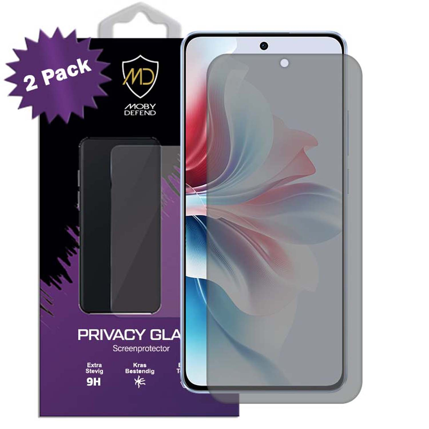 Telefoonschermbeschermer verpakking met een telefoon. Privacyglas met een zwarte doos.