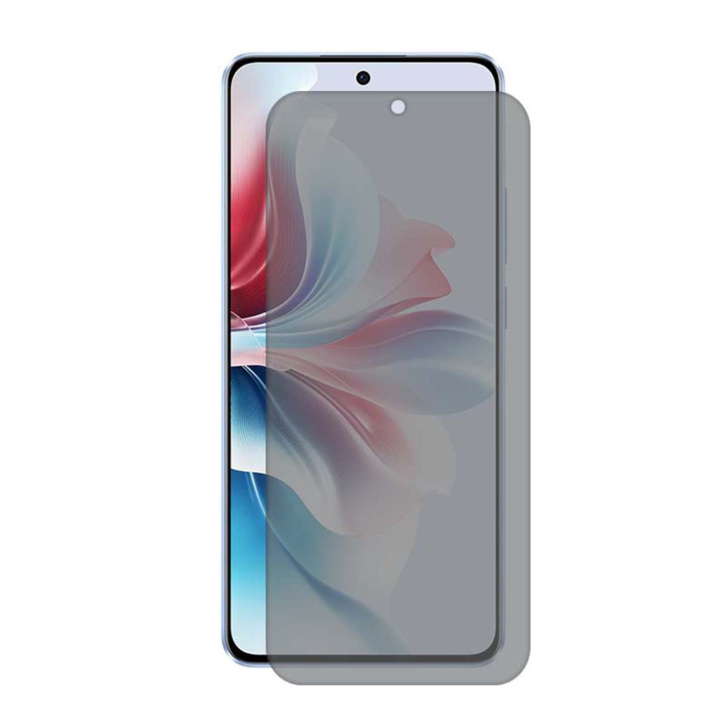Een telefoon met schermbeschermer. Het scherm toont kleurrijke kunst.