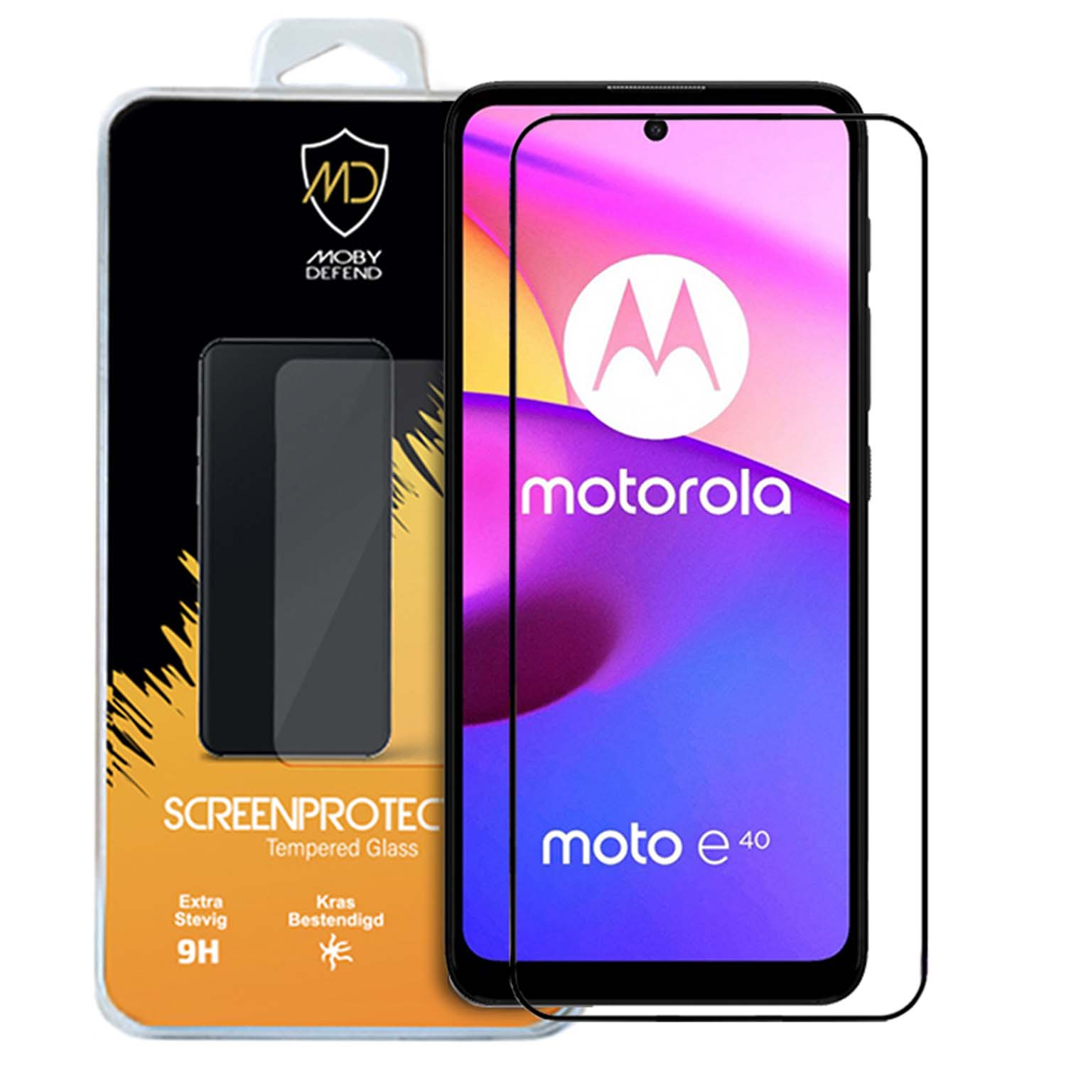 Schermbeschermer in verpakking. Telefoon rechts zichtbaar.
