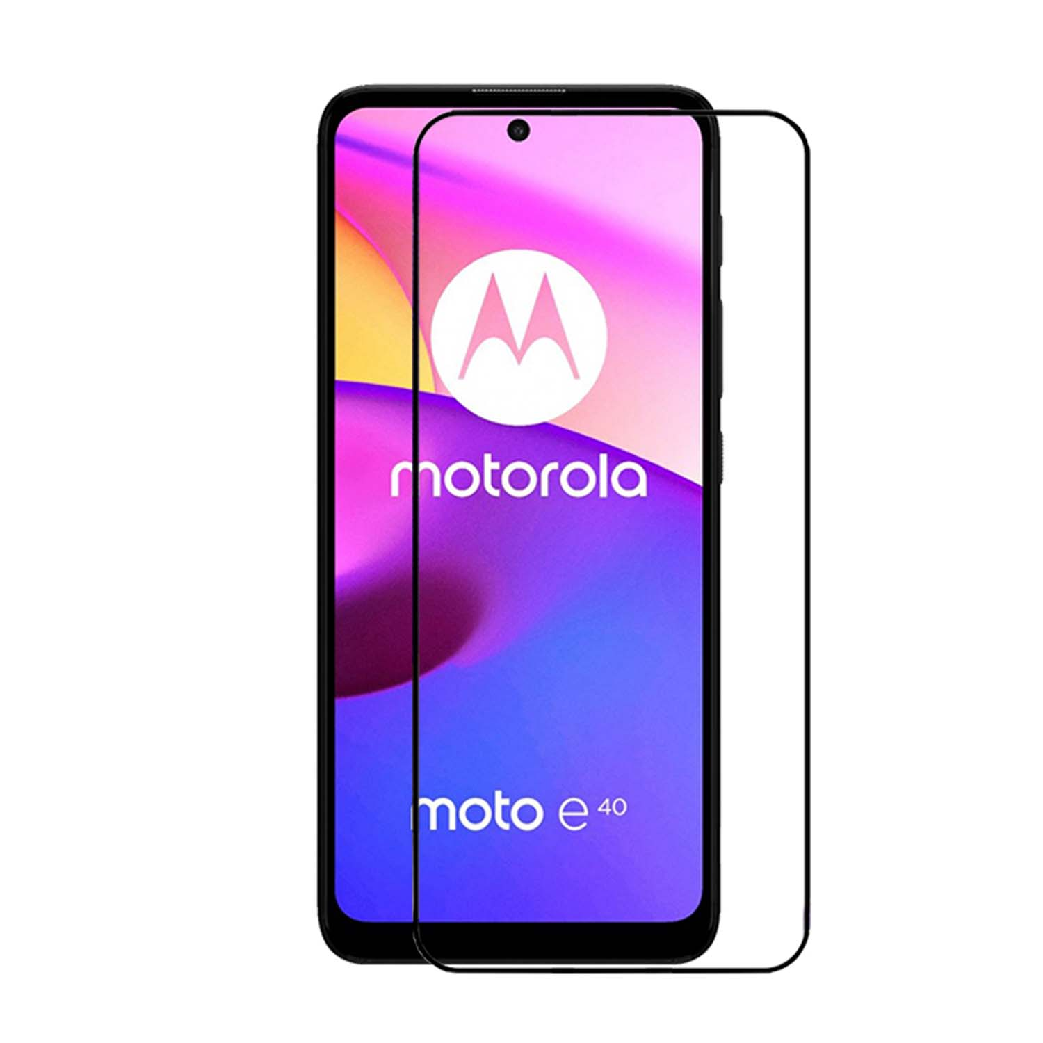 Een telefoon met een schermbeschermer. De beschermer toont de logo's van Motorola en Moto e40.
