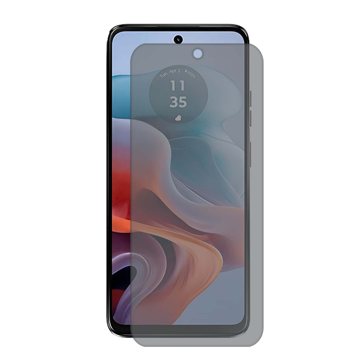 Téléphone avec un protecteur d'écran de confidentialité appliqué. L'écran affiche l'heure et la date.