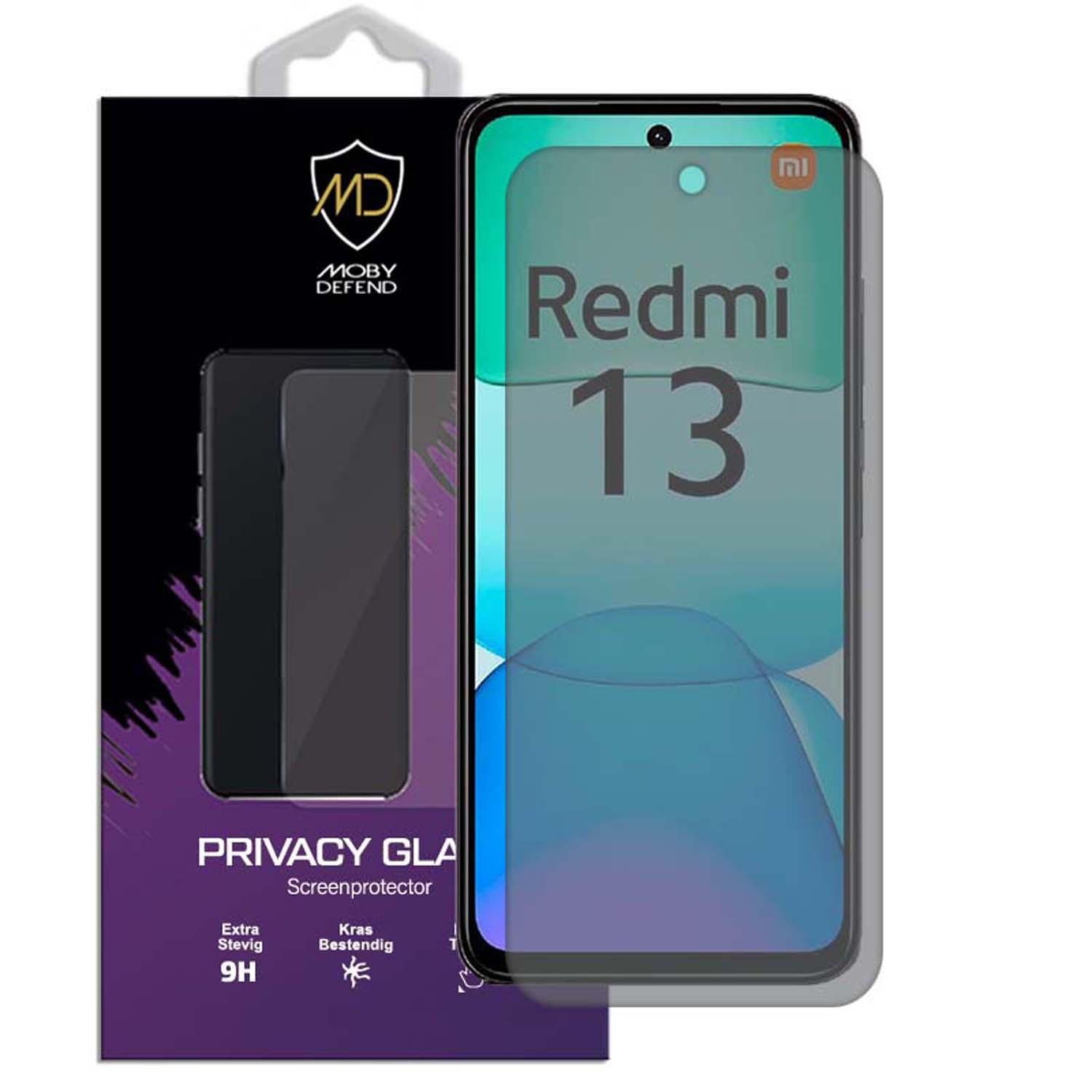 Protecteur d'écran de téléphone dans un emballage. Il s'agit d'un protecteur d'écran Redmi 13 avec une vue claire.