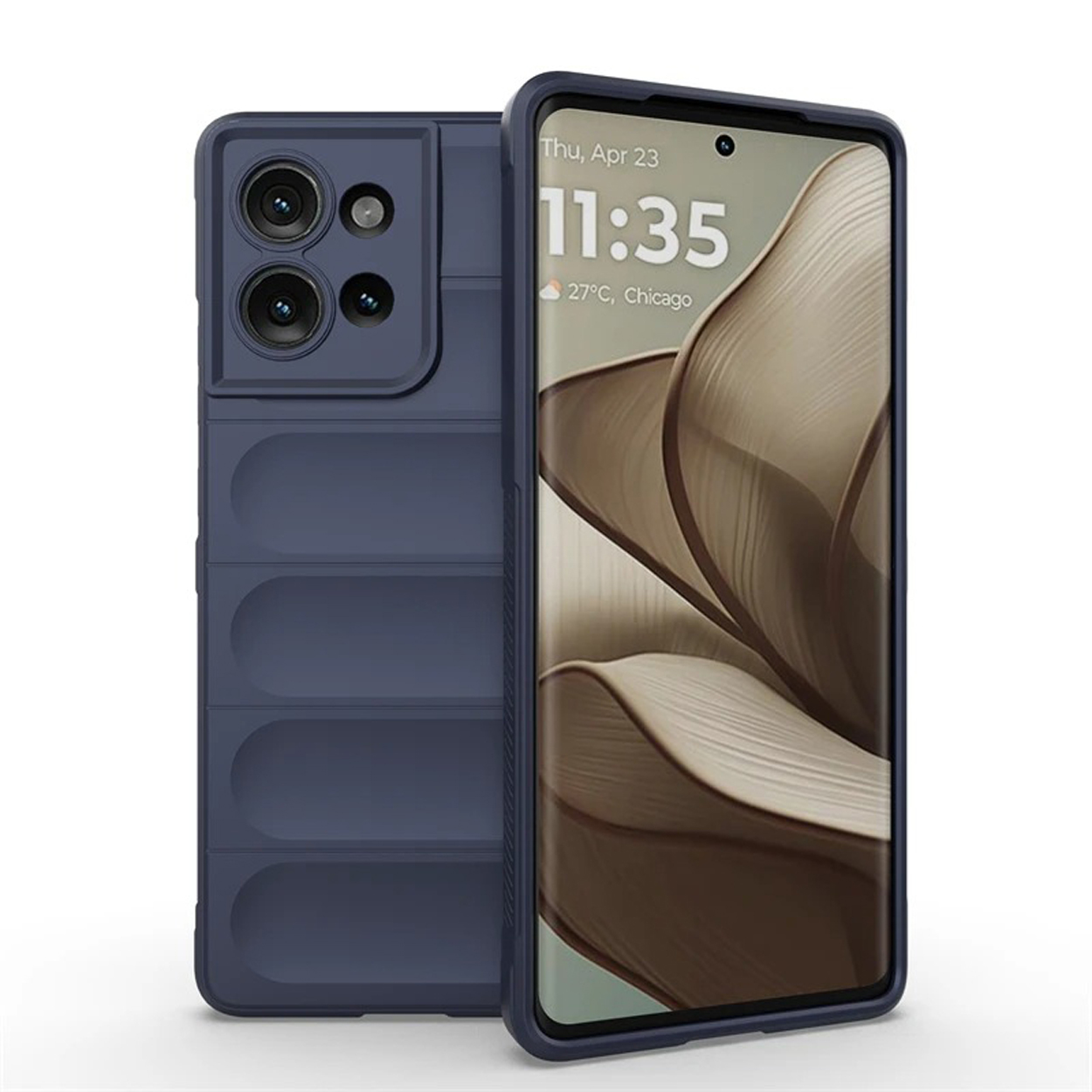 Een marineblauwe telefoonhoes met een telefoon erin. Witte achtergrond.