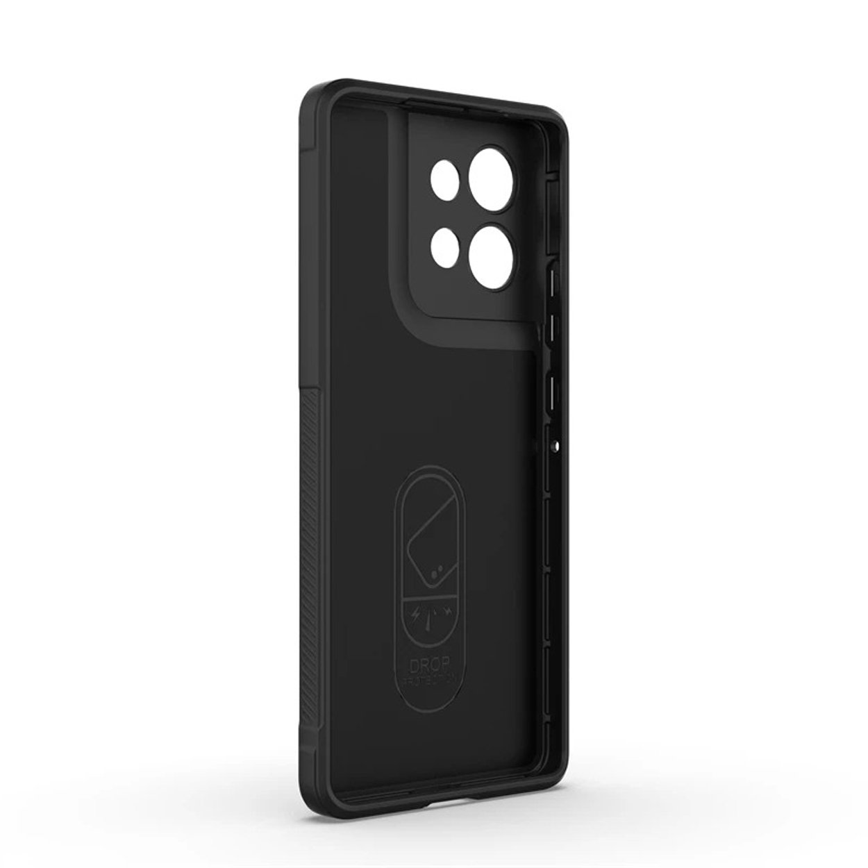 Zwarte telefoonhoes, met een valbeschermingsteken en een logo.
