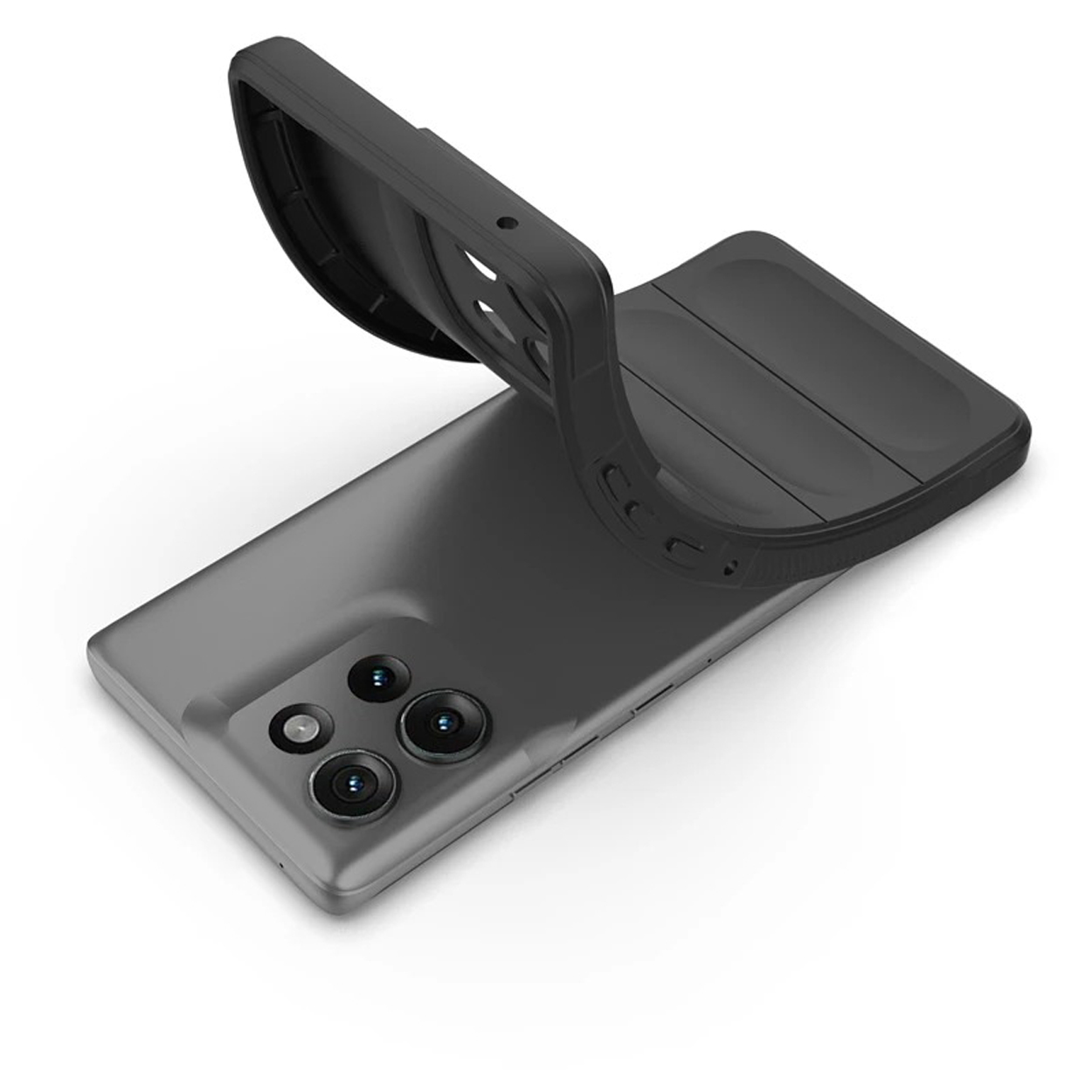 Zwarte telefoonhoes en telefoon met de achterkant naar boven. Flexibel ontwerp.