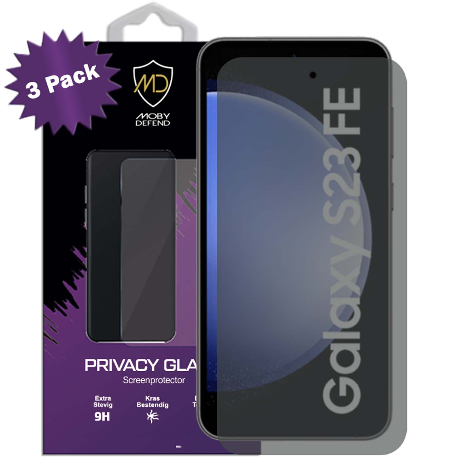 Un emballage de protection d'écran avec un téléphone et une étiquette de 3 packs en haut à gauche.