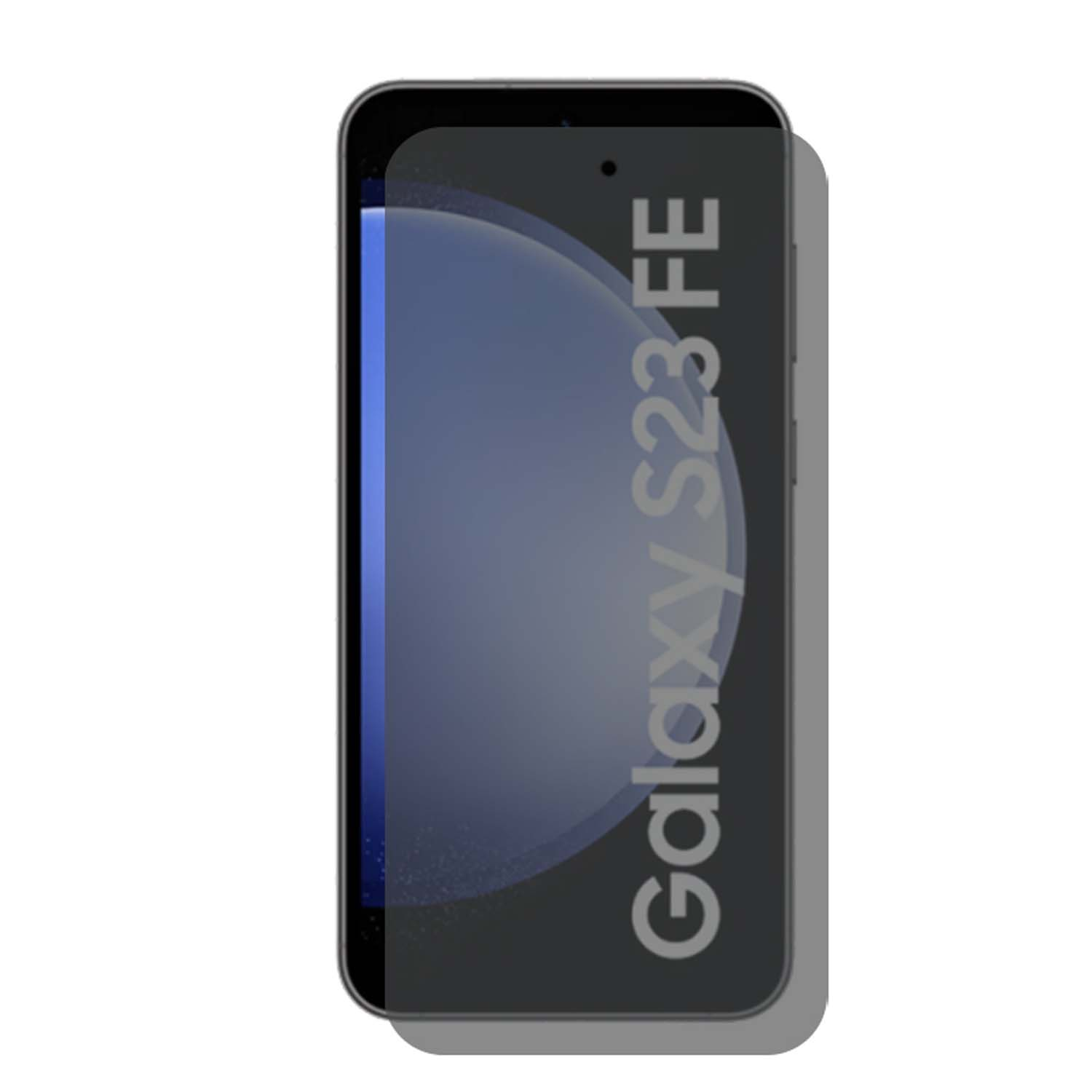 Un téléphone noir avec protection, affichant le texte 'Galaxy S23 FE'.