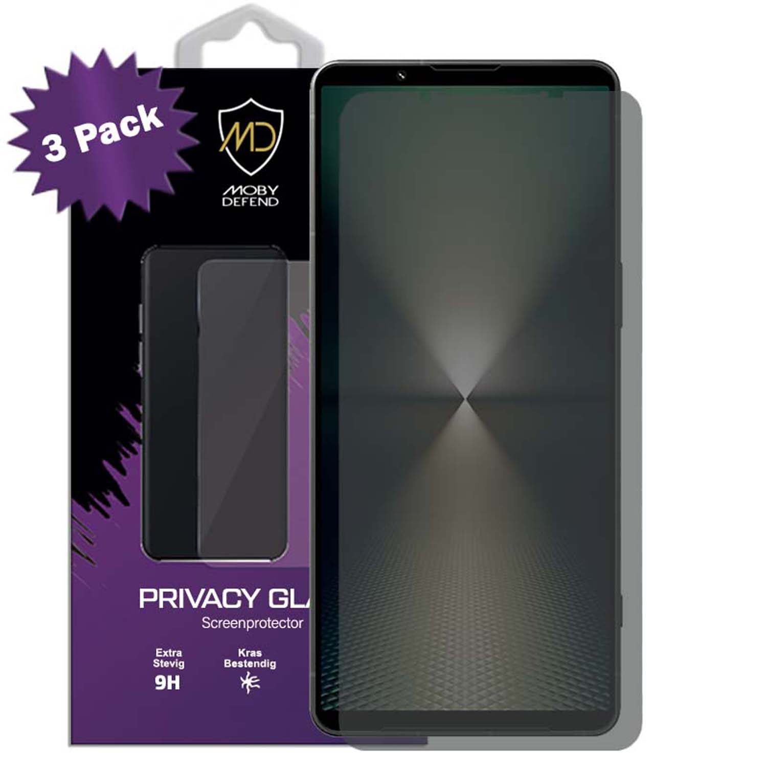 Telefoonschermbeschermer verpakking, telefoon en een zwarte doos. De afbeelding toont 3 verpakkingen.