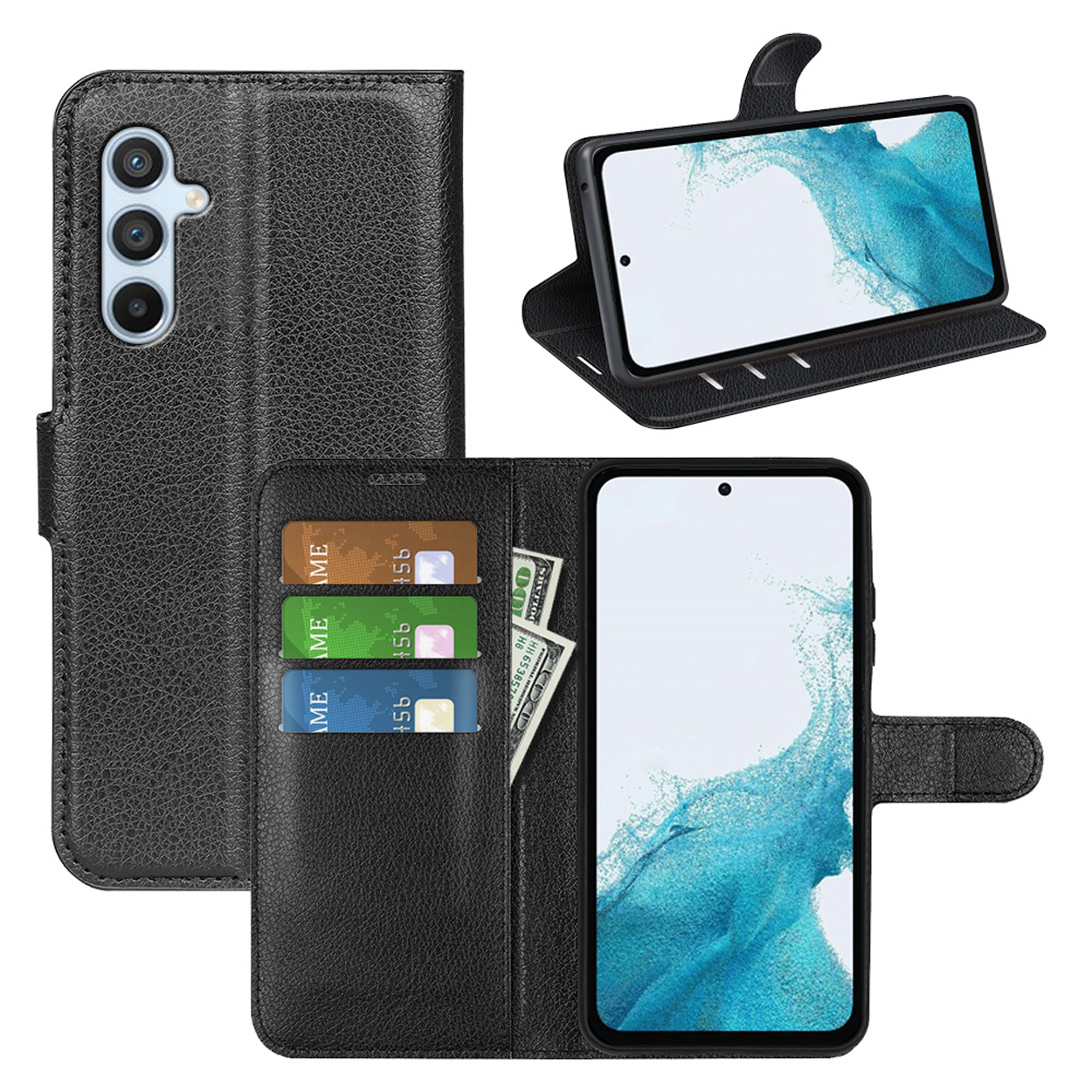 Zwarte telefoonhoes, open om telefoon, kaartsleuven en contant geld te tonen. Telefoon binnenin.