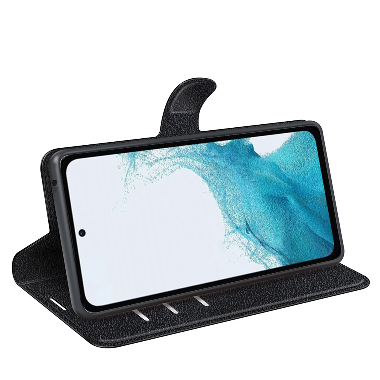 Zwarte leren telefoonhoes open, met een telefoonscherm. De hoes heeft een magnetische sluiting.