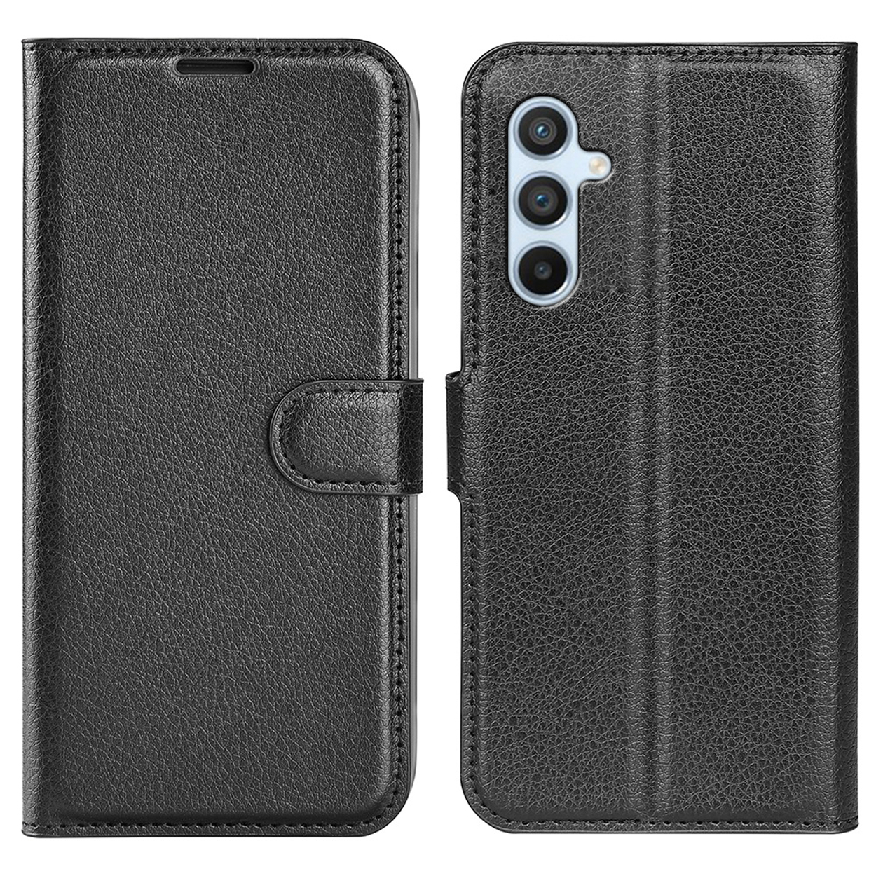 Zwarte leren telefoonhoes, open en dicht. De telefoon zit erin. De hoes heeft een knoopsluiting.