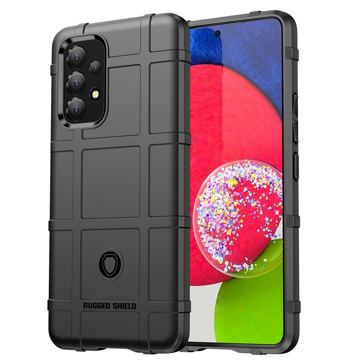 Coque de téléphone noire avec un design de bouclier robuste et un module de caméra, sur fond blanc.