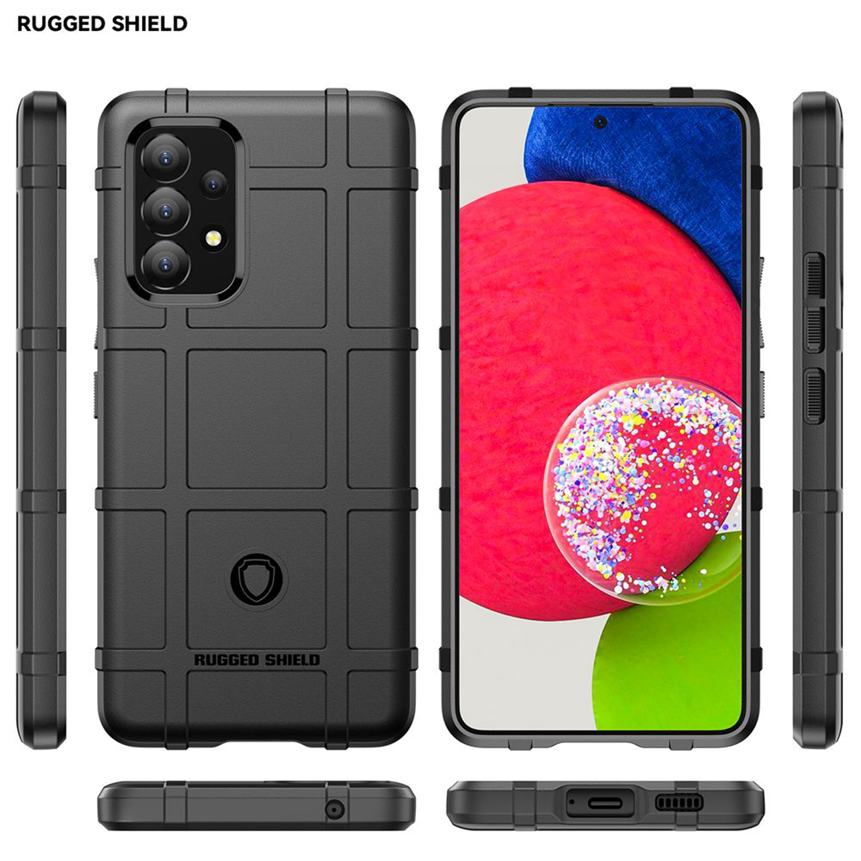 Coque de téléphone noire avec un design texturé. Le téléphone est à l'intérieur. Plusieurs angles sont montrés.