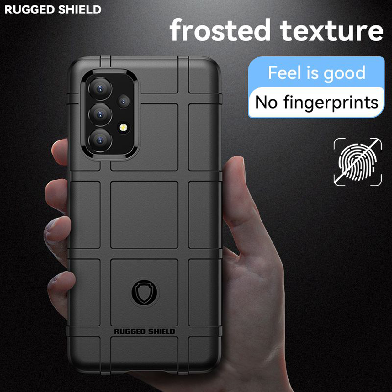 Coque noire avec motif quadrillé texturé. Main la tenant, icône d'empreinte digitale.