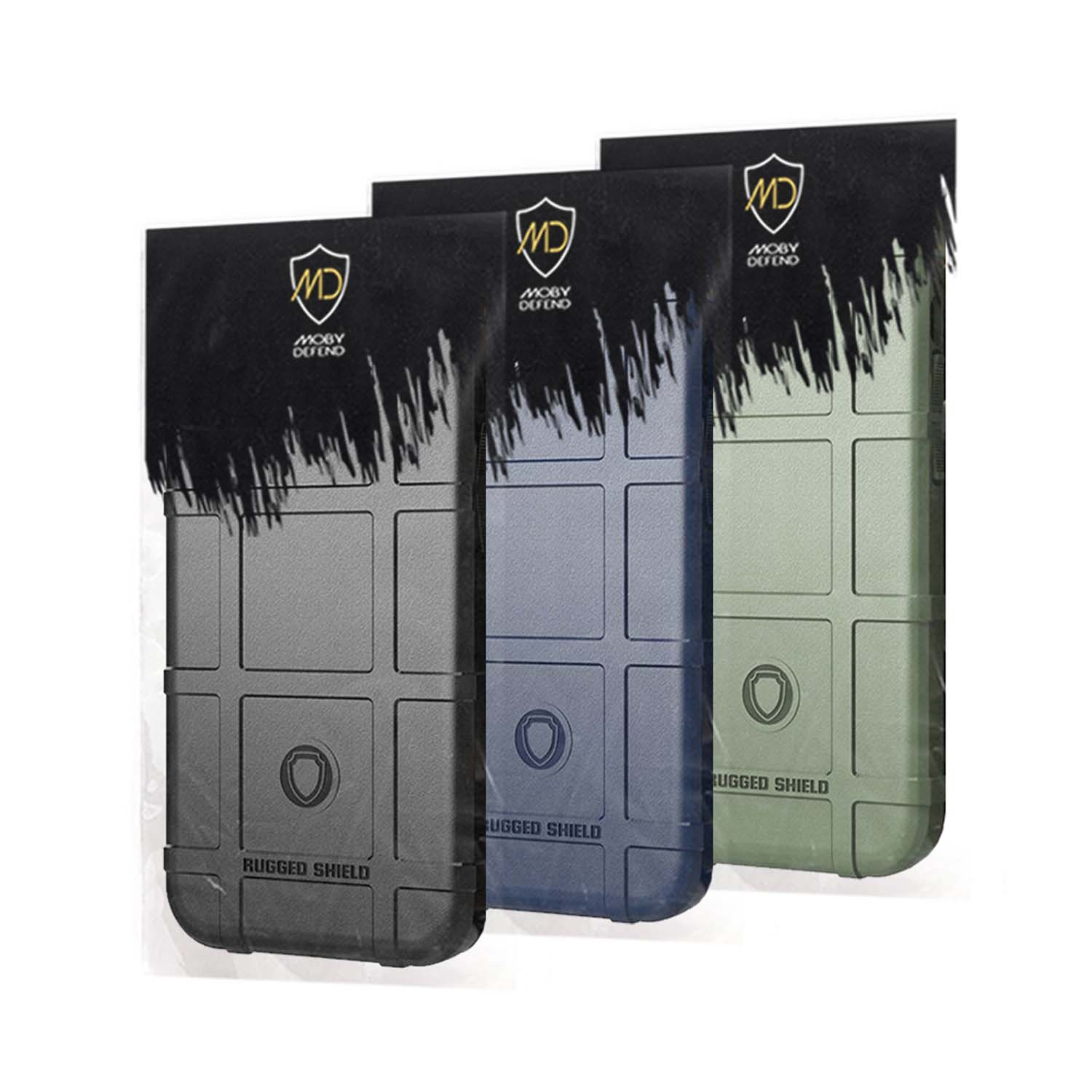 Trois coques de téléphone en rangée. Design robuste, plusieurs couleurs.
