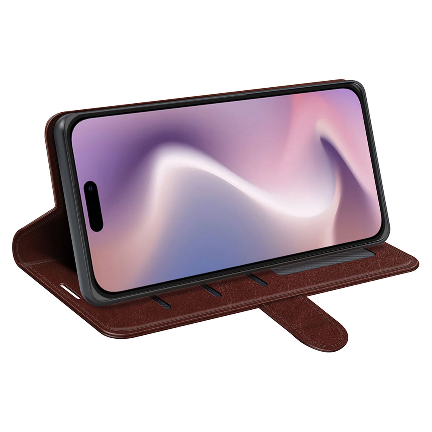 Un étui de téléphone en cuir marron est ouvert, avec un téléphone à l'intérieur. Fond blanc.