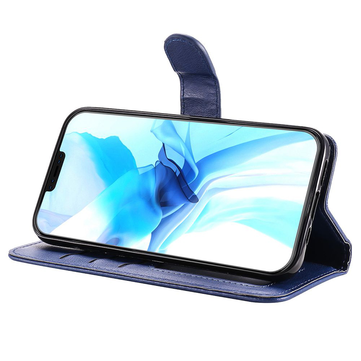 Blauwe telefoonhoes met telefoon erin, open. Het scherm toont een blauwe achtergrond.