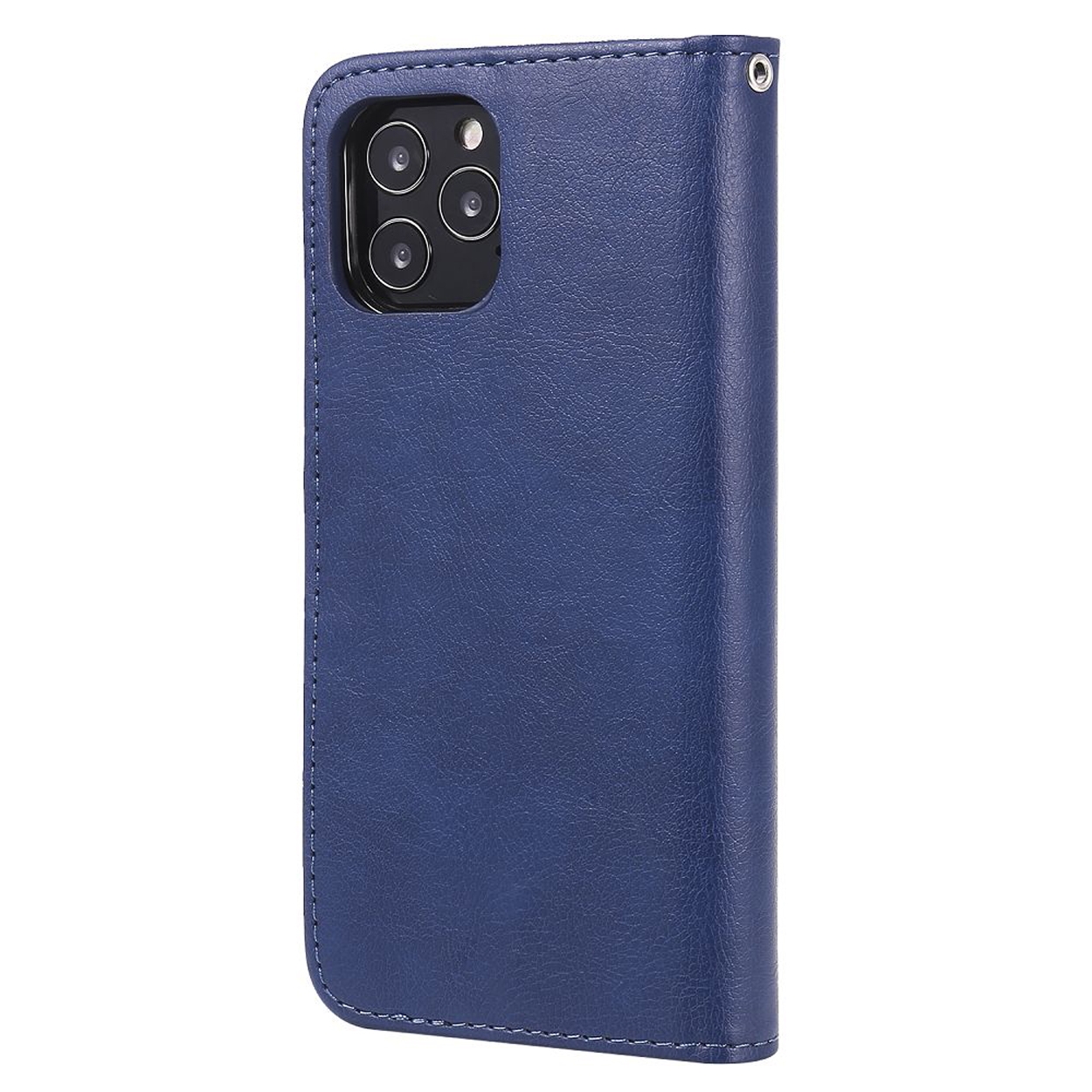 Blauwe leren telefoonhoes, gesloten. Toont het cameragedeelte. De hoes heeft een stiklijn aan de zijkant.