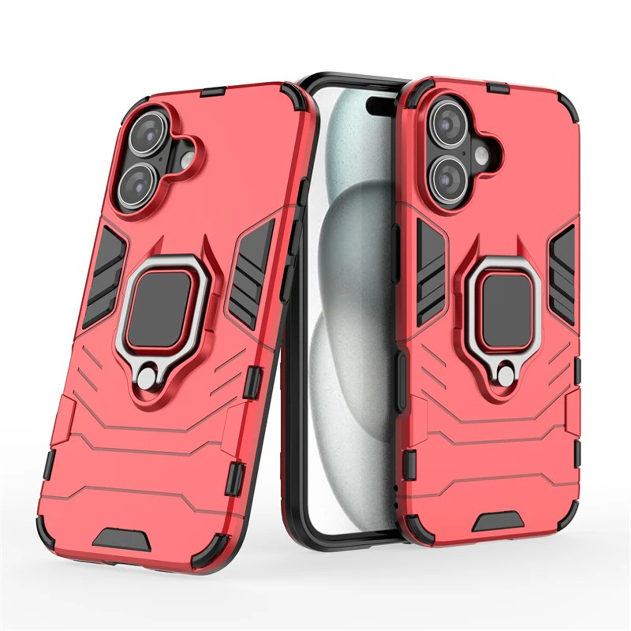 Rode telefoonhoes met een ringhouder. Er worden twee hoesjes getoond, één met telefoon erin.