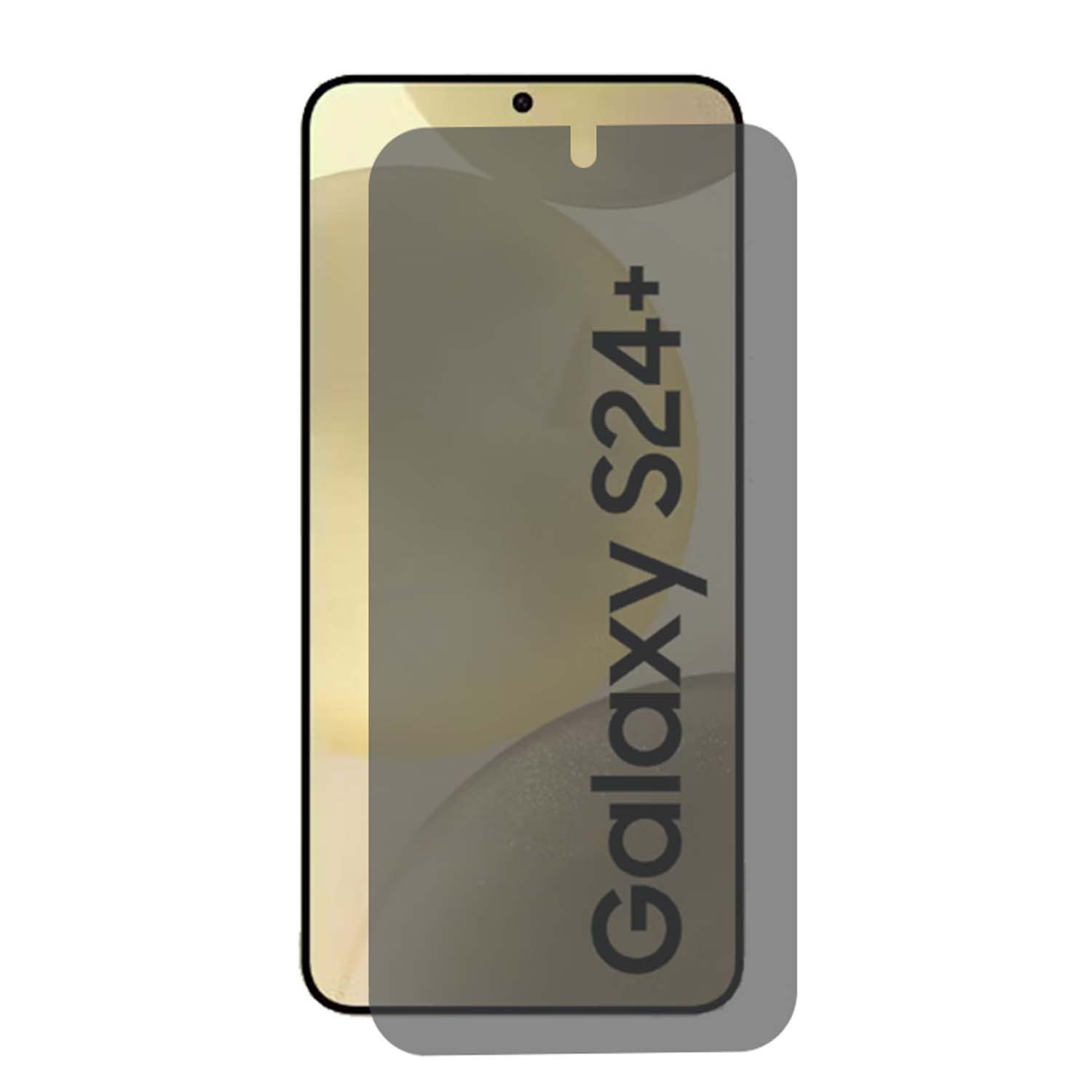Un protecteur d'écran pour un Galaxy S24+. Le protecteur est transparent et couvre l'écran.