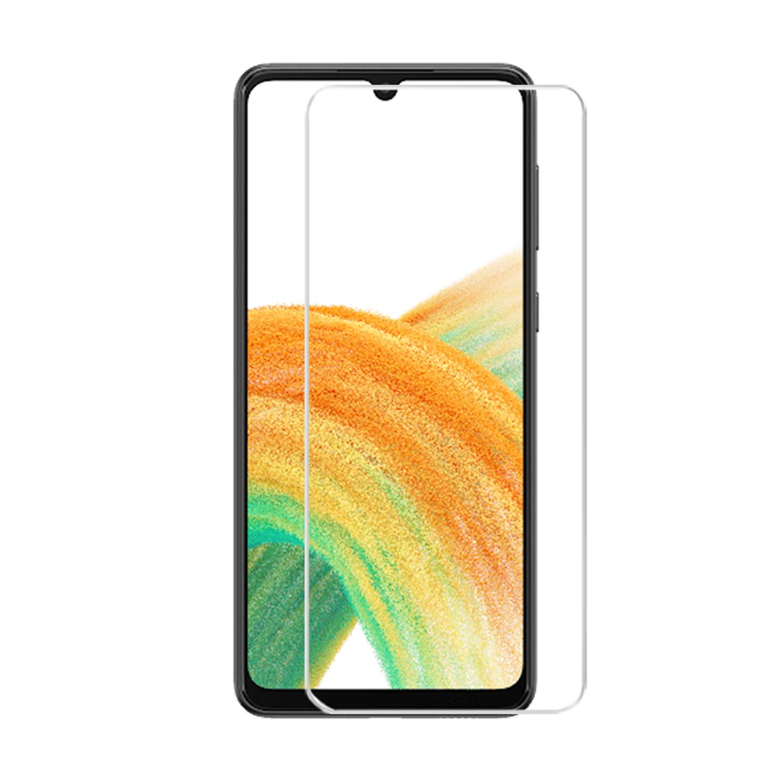 Téléphone avec protecteur d'écran. L'écran du téléphone a un fond orange et jaune.