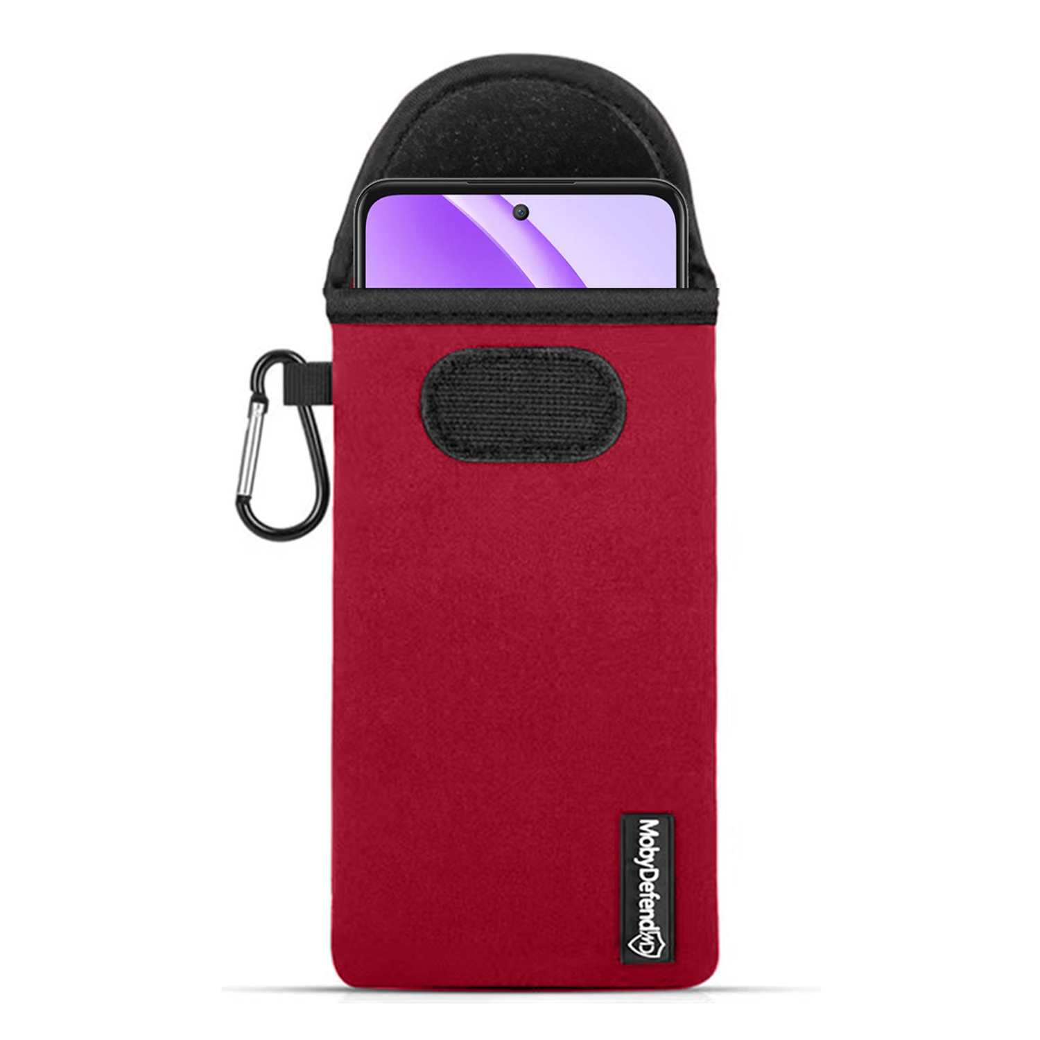 Rode telefoonhoes met telefoon erin, met een karabijnhaak. De telefoon zit in een hoes.