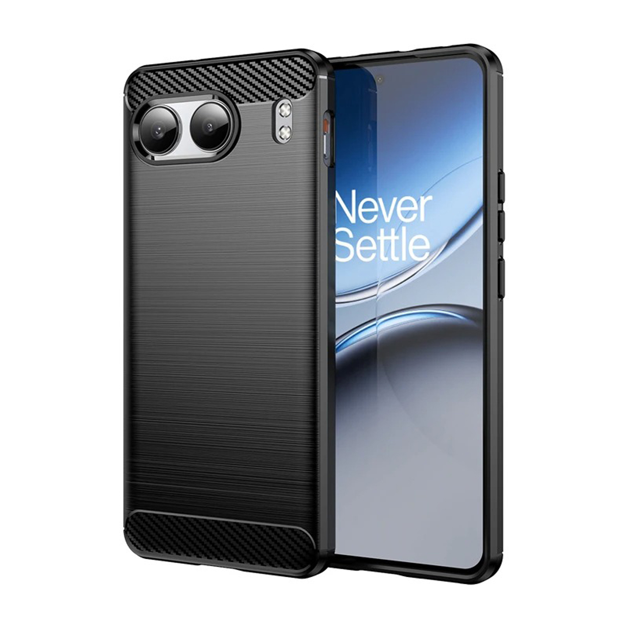 Zwarte telefoonhoes met een getextureerde achterkant. Telefoon toont een scherm met de tekst "Never Settle".