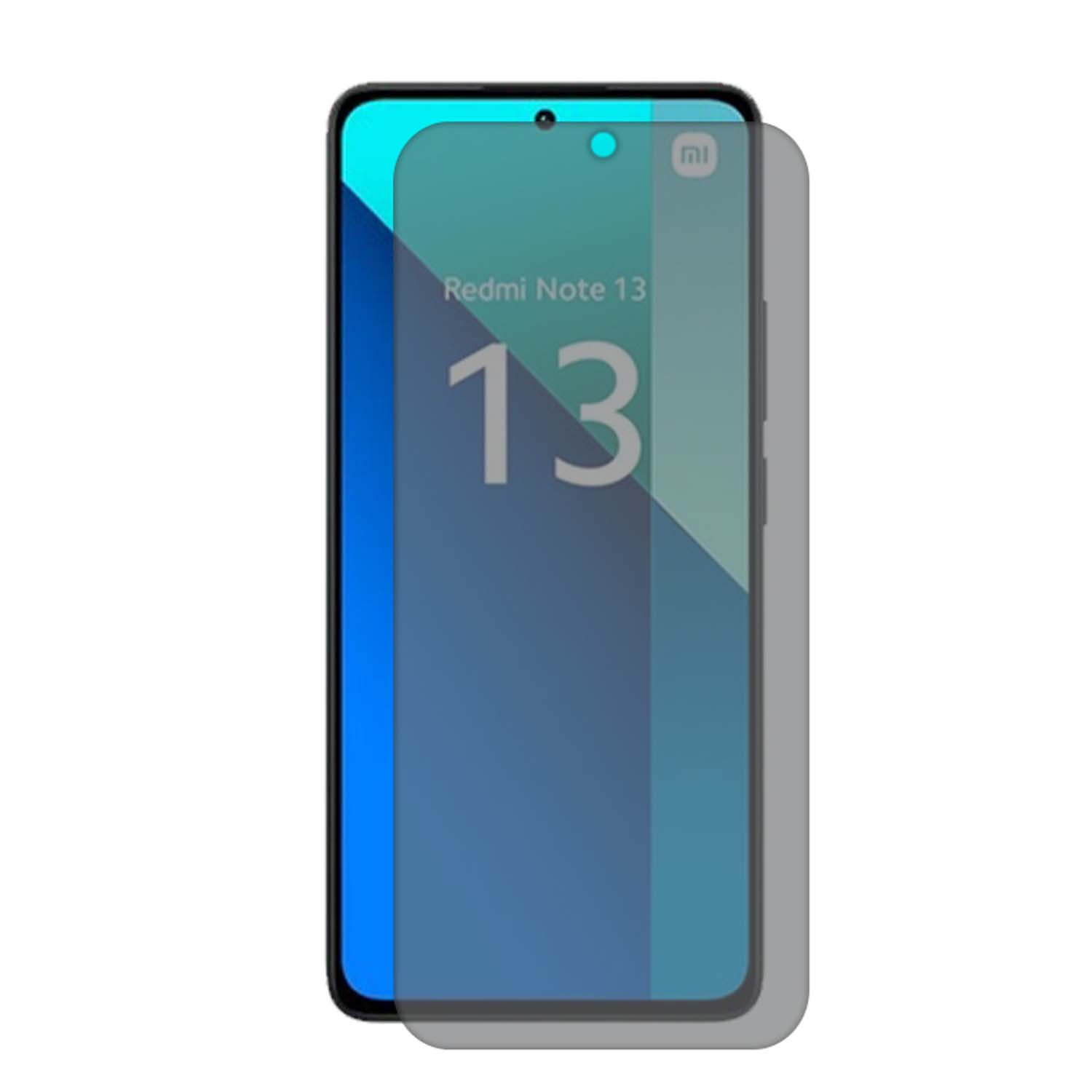 Phone with a privacy screen protector applied. The screen shows text: Redmi Note 13.