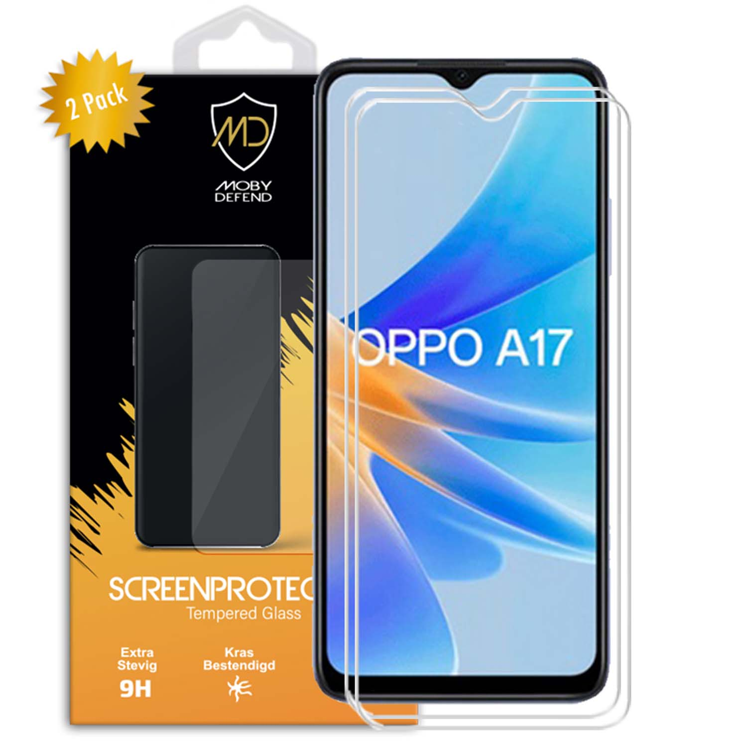 Un téléphone avec un protecteur d'écran dans une boîte. La boîte est noire et dorée. Le téléphone dit 'OPPO A17'.